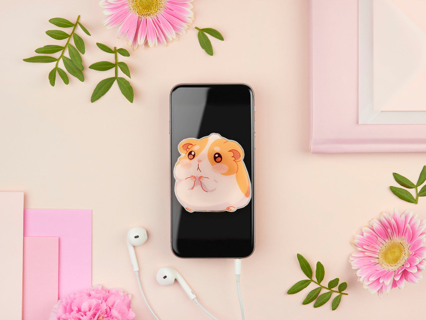 Cute acrylic popsocket phone grip of a shy guinea pig hamster