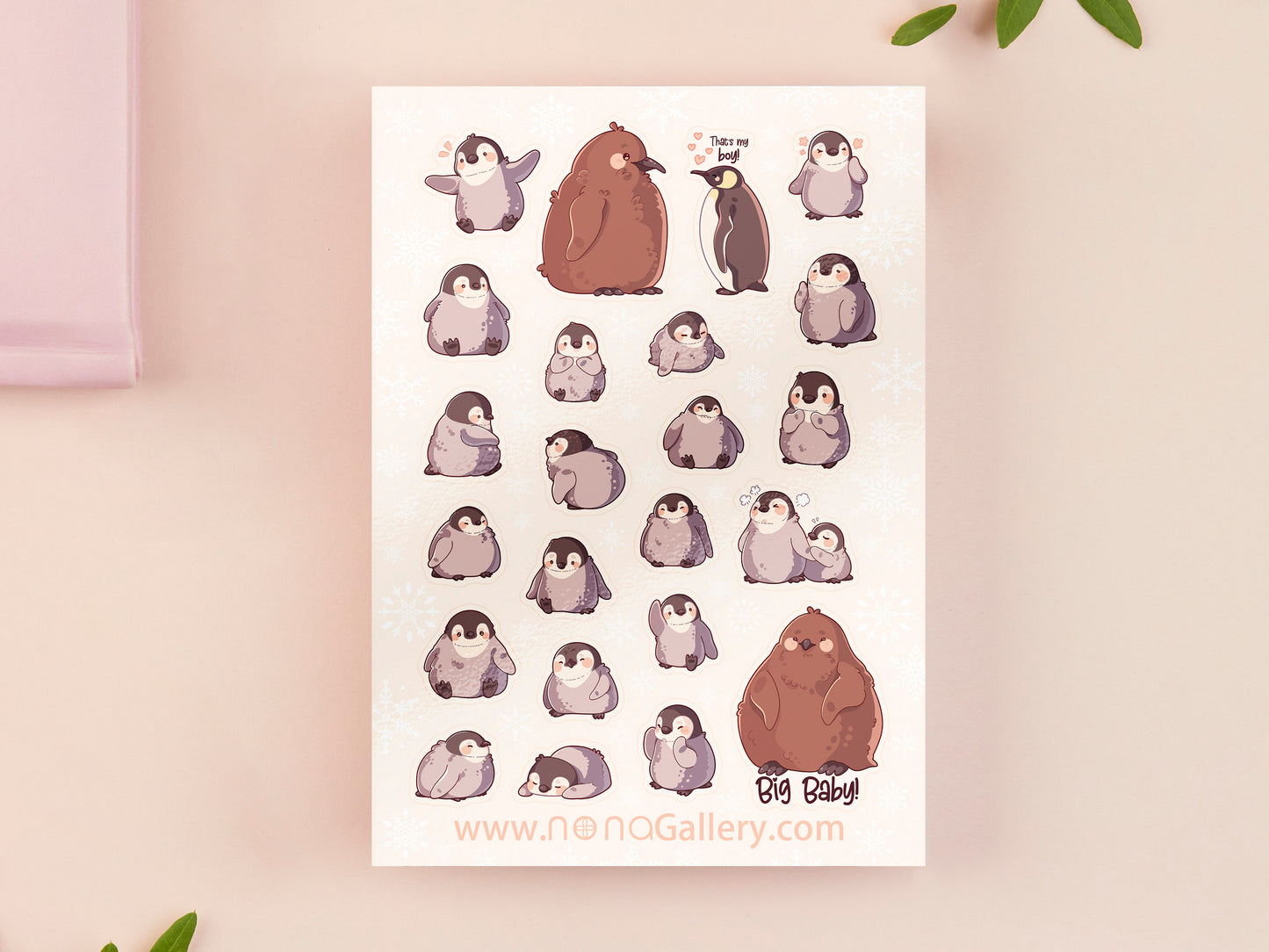 Large waterproof gloss vinyl sticker sheet of multiple cute baby penguin chicks, as well as the internet viral penguin Pesto the big baby emperor penguin chick.