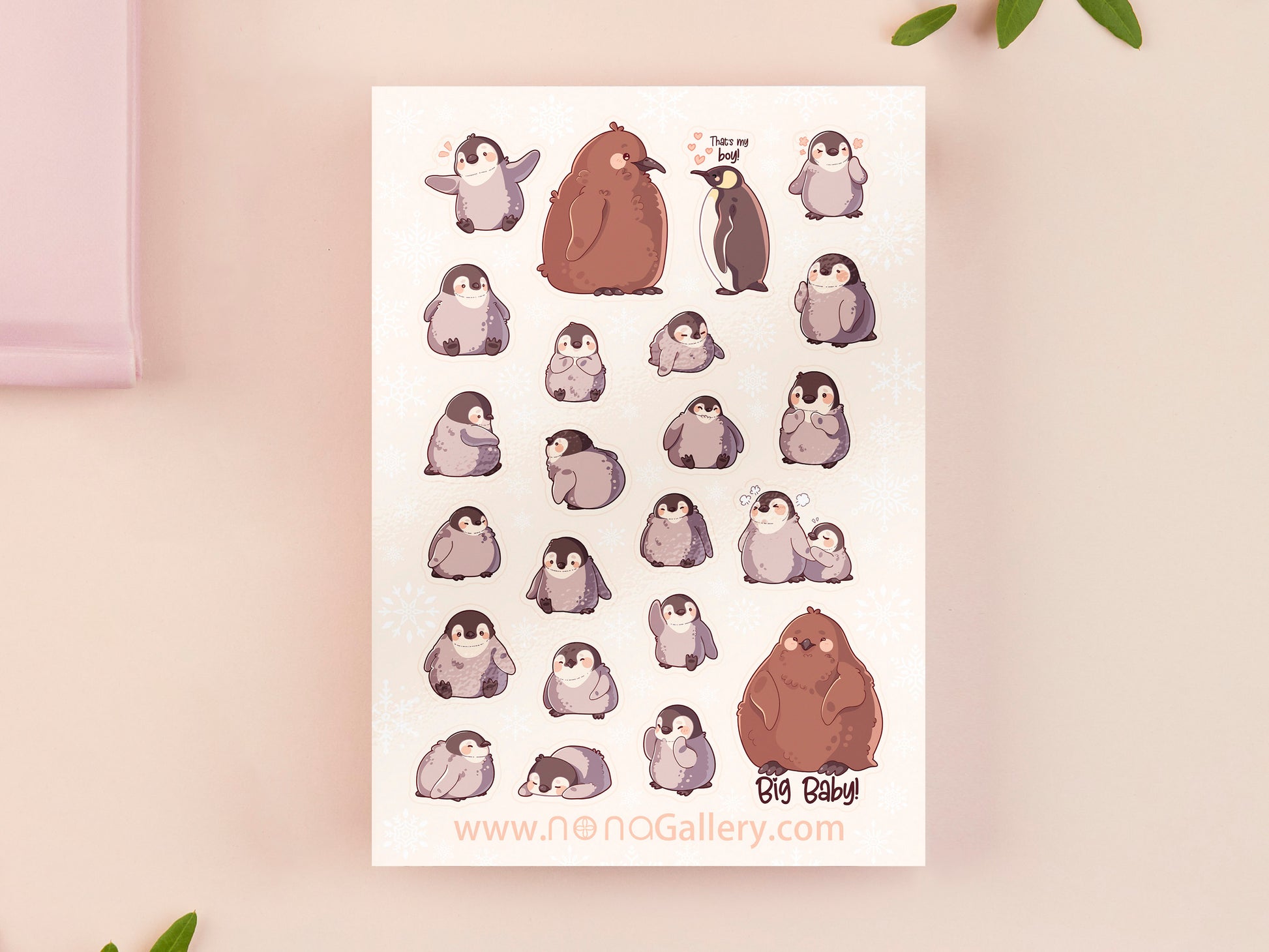 Large waterproof gloss vinyl sticker sheet of multiple cute baby penguin chicks, as well as the internet viral penguin Pesto the big baby emperor penguin chick.