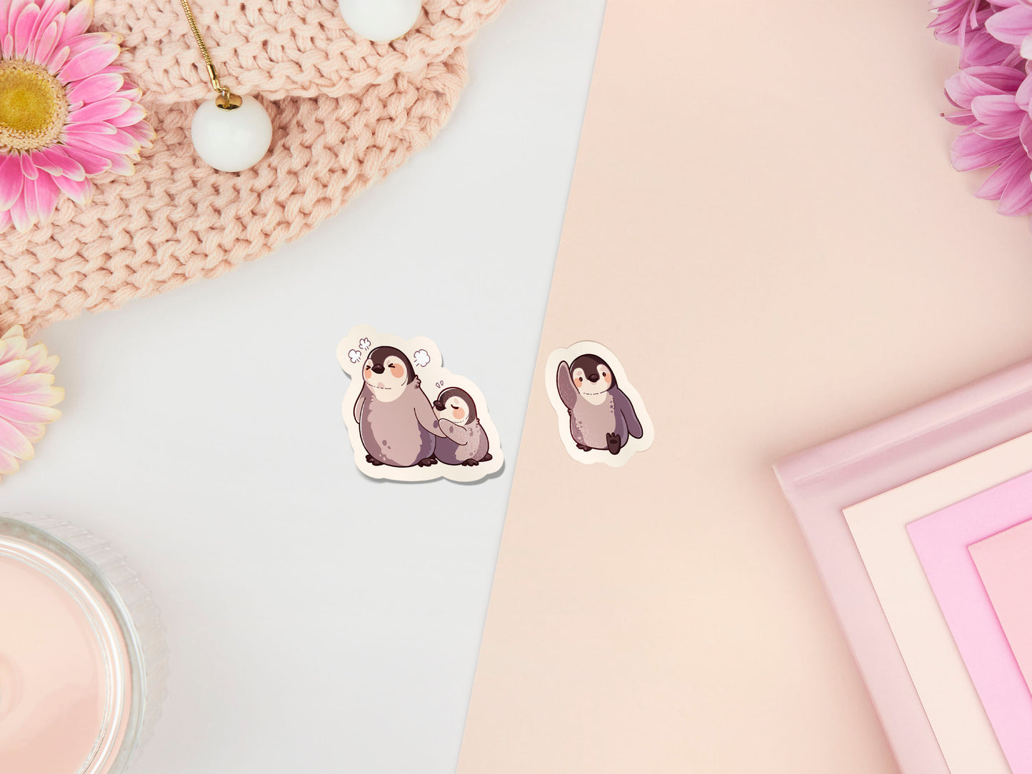 Multiple waterproof gloss vinyl stickers of cute baby penguin chicks with funny expressions and poses.