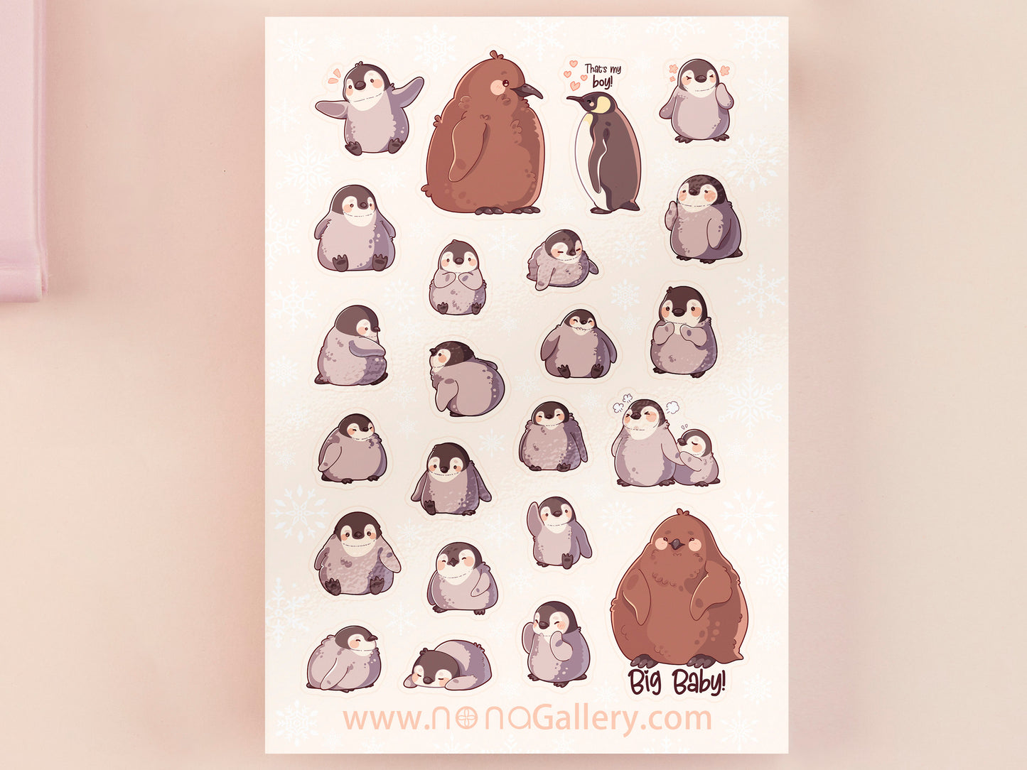 Large waterproof gloss vinyl sticker sheet of multiple cute baby penguin chicks, as well as the internet viral penguin Pesto the big baby emperor penguin chick.