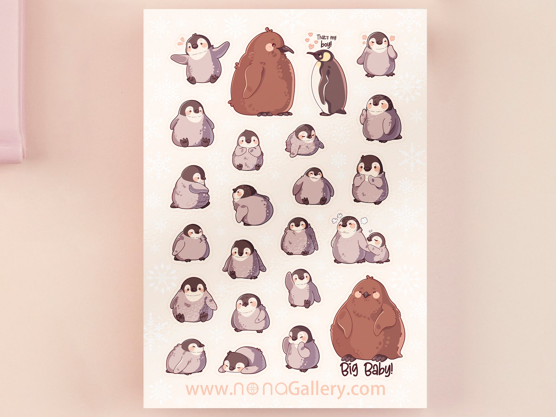 Large waterproof gloss vinyl sticker sheet of multiple cute baby penguin chicks, as well as the internet viral penguin Pesto the big baby emperor penguin chick.