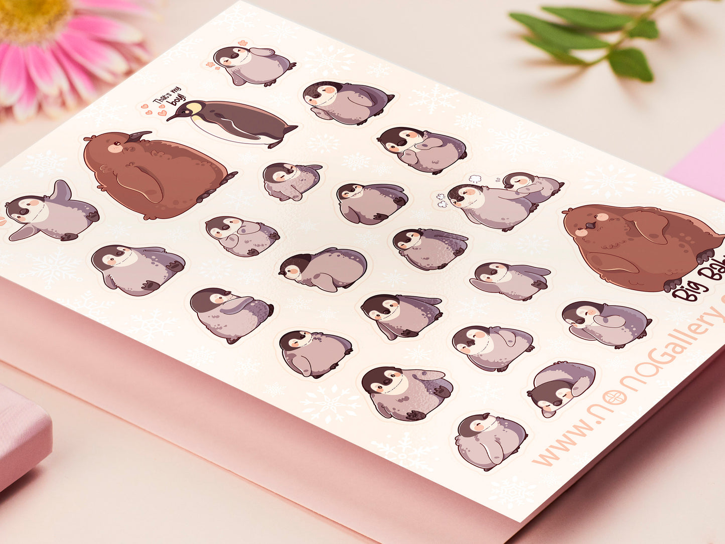Large waterproof gloss vinyl sticker sheet of multiple cute baby penguin chicks, as well as the internet viral penguin Pesto the big baby emperor penguin chick.