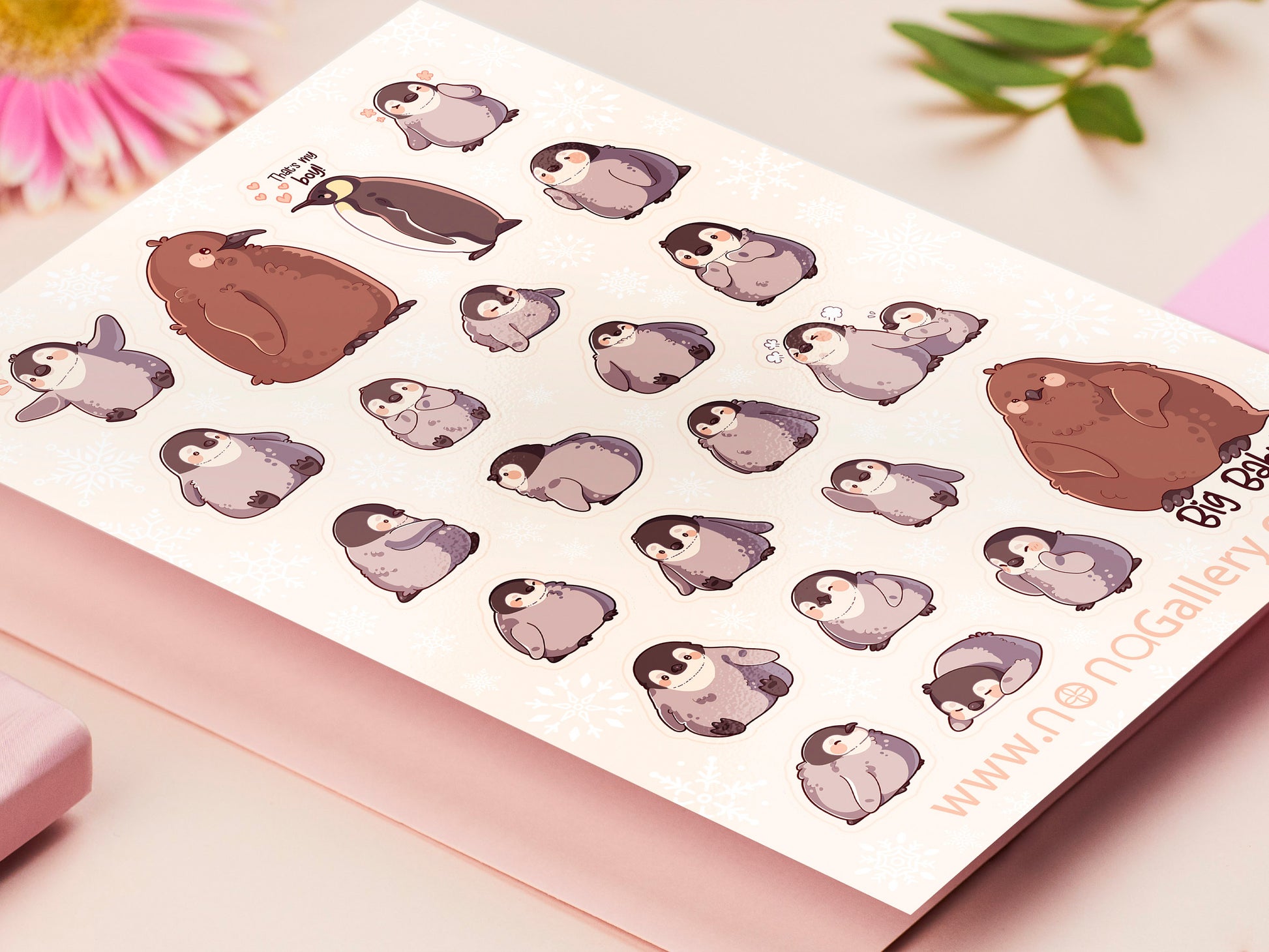 Large waterproof gloss vinyl sticker sheet of multiple cute baby penguin chicks, as well as the internet viral penguin Pesto the big baby emperor penguin chick.