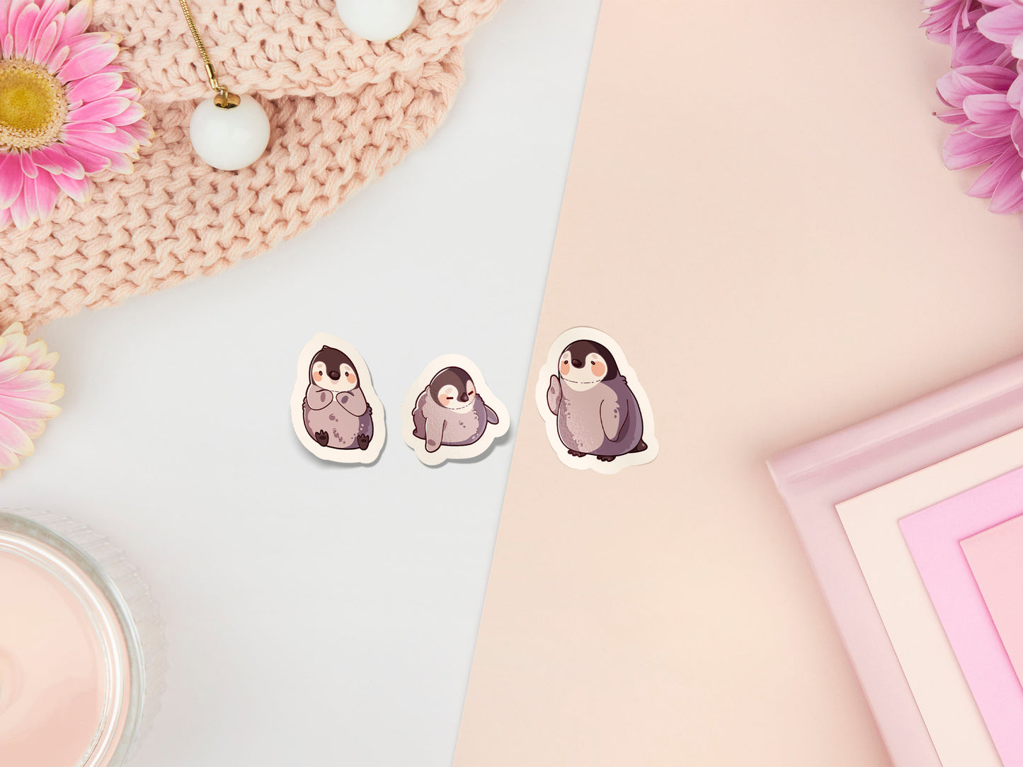 Multiple waterproof gloss vinyl stickers of cute baby penguin chicks with funny expressions and poses.