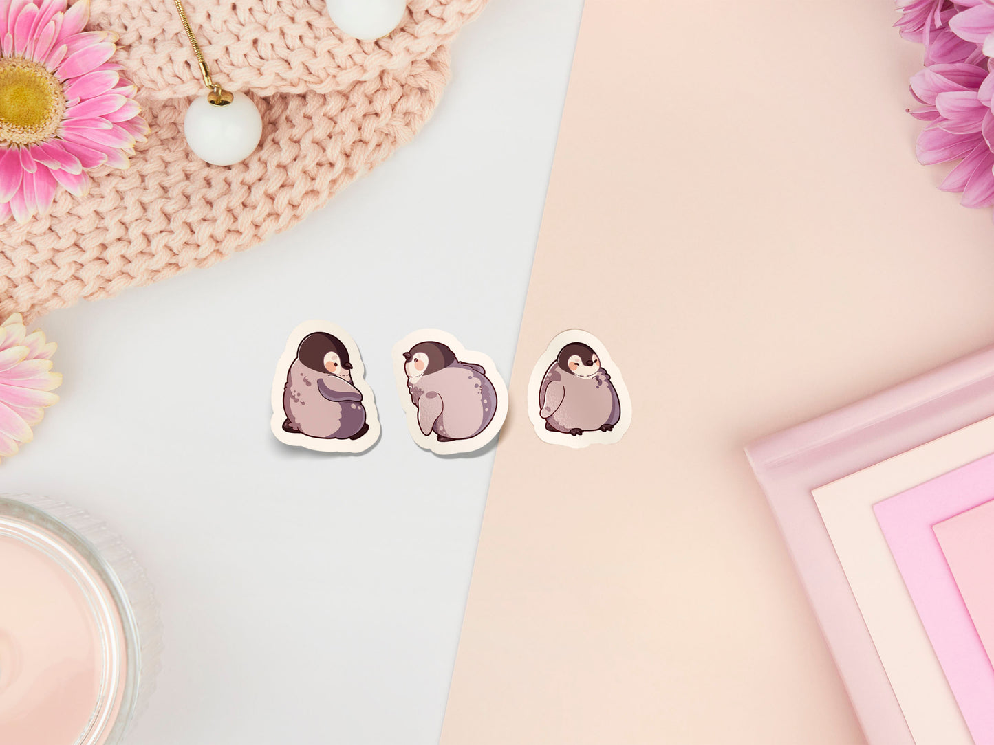 Multiple waterproof gloss vinyl stickers of cute baby penguin chicks with funny expressions and poses.
