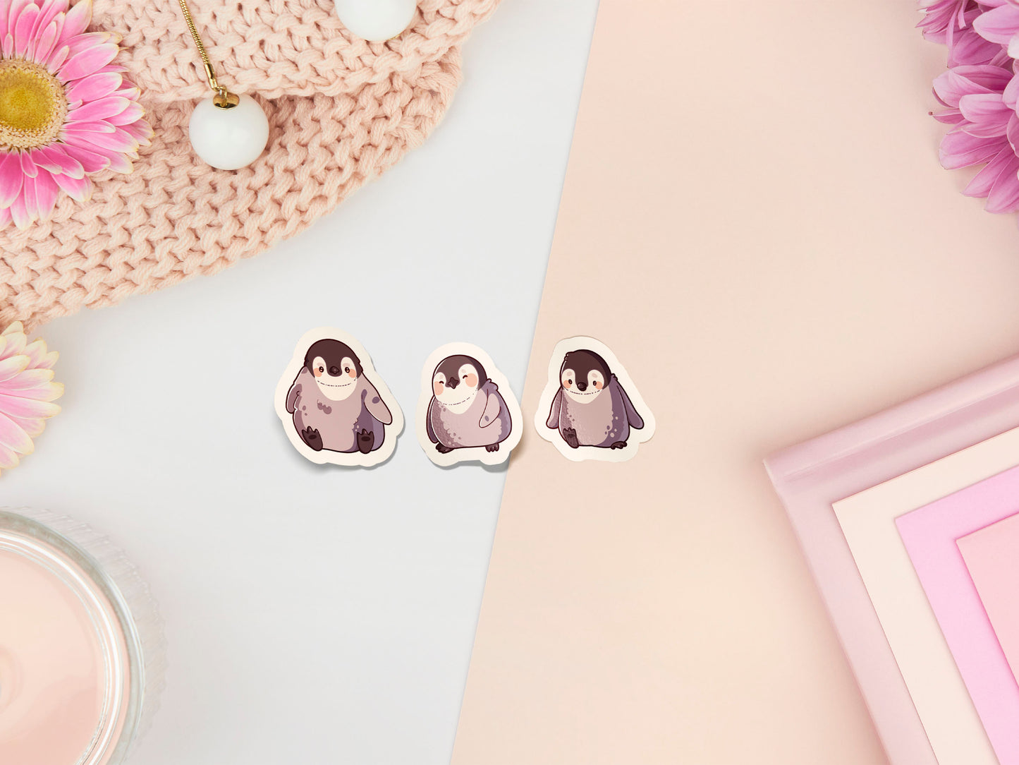 Multiple waterproof gloss vinyl stickers of cute baby penguin chicks with funny expressions and poses.