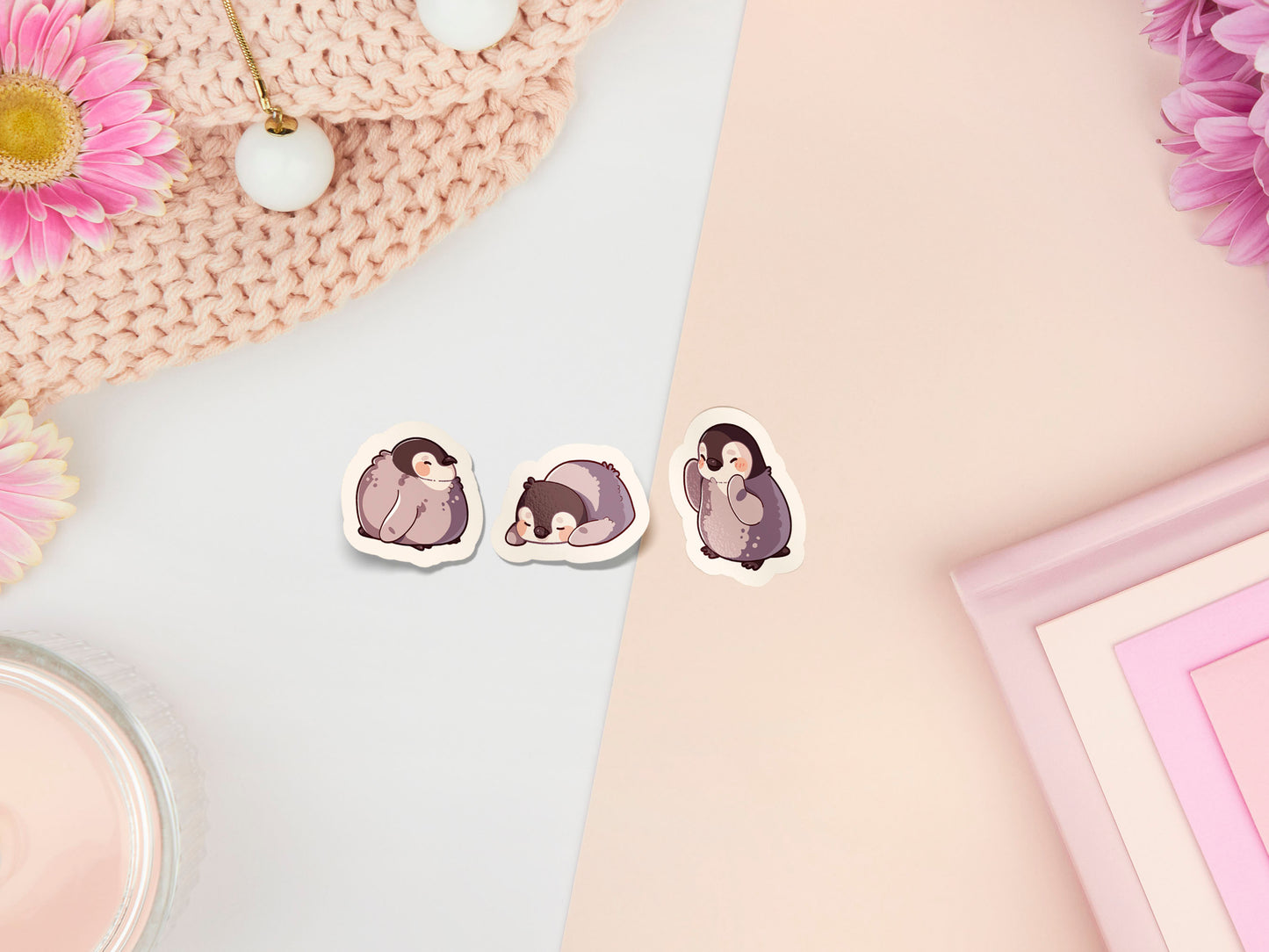 Multiple waterproof gloss vinyl stickers of cute baby penguin chicks with funny expressions and poses.