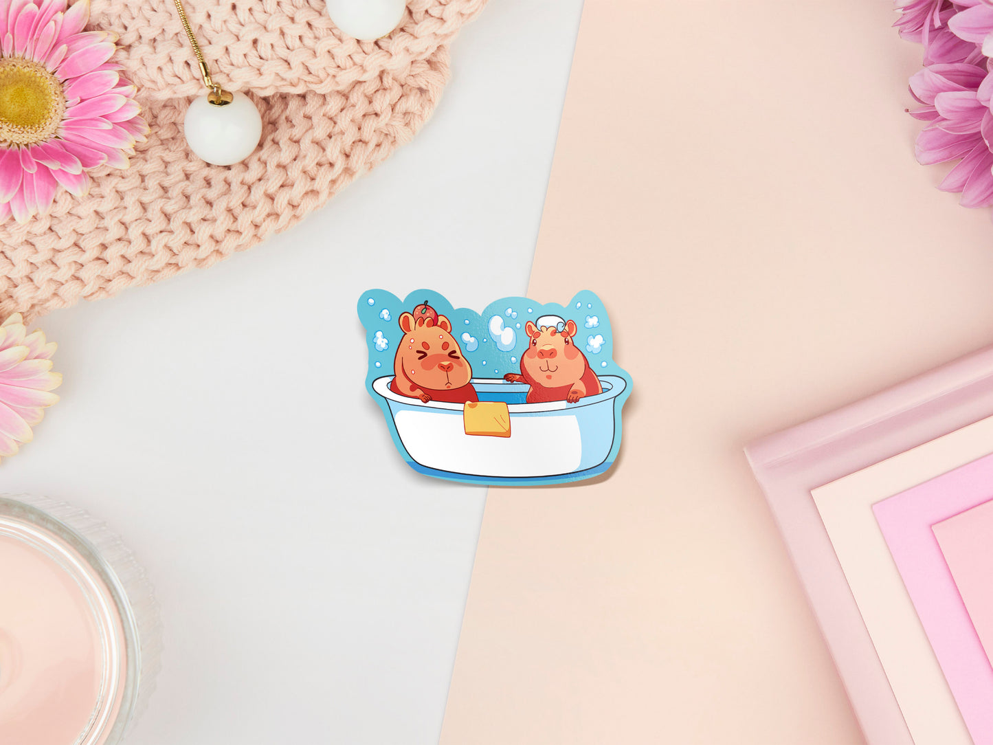 Cute large waterproof gloss vinyl sticker sheet of multiple chibi capybara guinea pigs enjoying a spa day