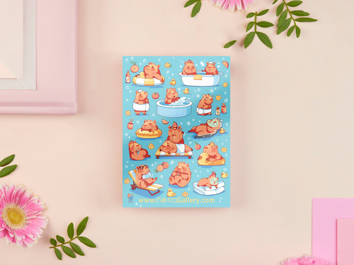 Cute large waterproof gloss vinyl sticker sheet of multiple chibi capybara guinea pigs enjoying a spa day