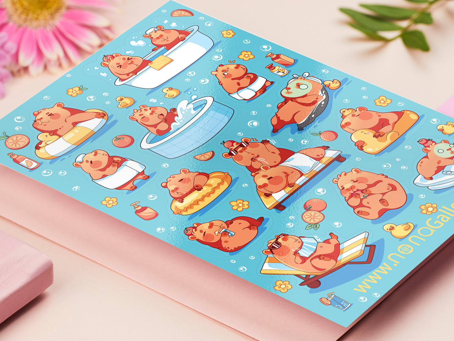 Cute large waterproof gloss vinyl sticker sheet of multiple chibi capybara guinea pigs enjoying a spa day