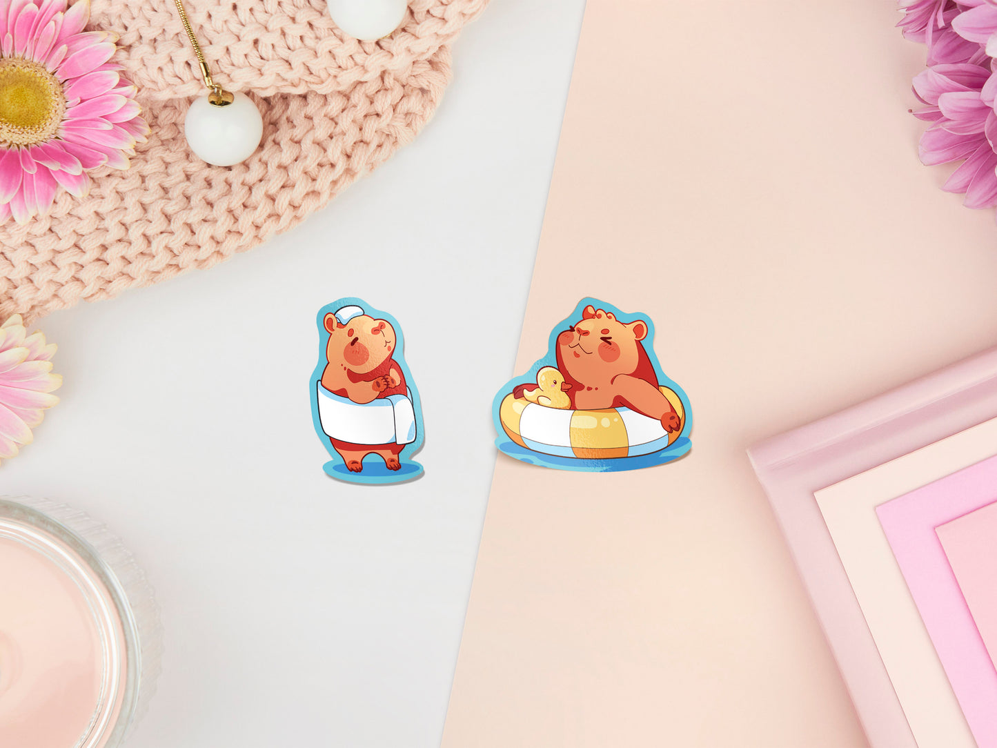 Cute large waterproof gloss vinyl sticker sheet of multiple chibi capybara guinea pigs enjoying a spa day