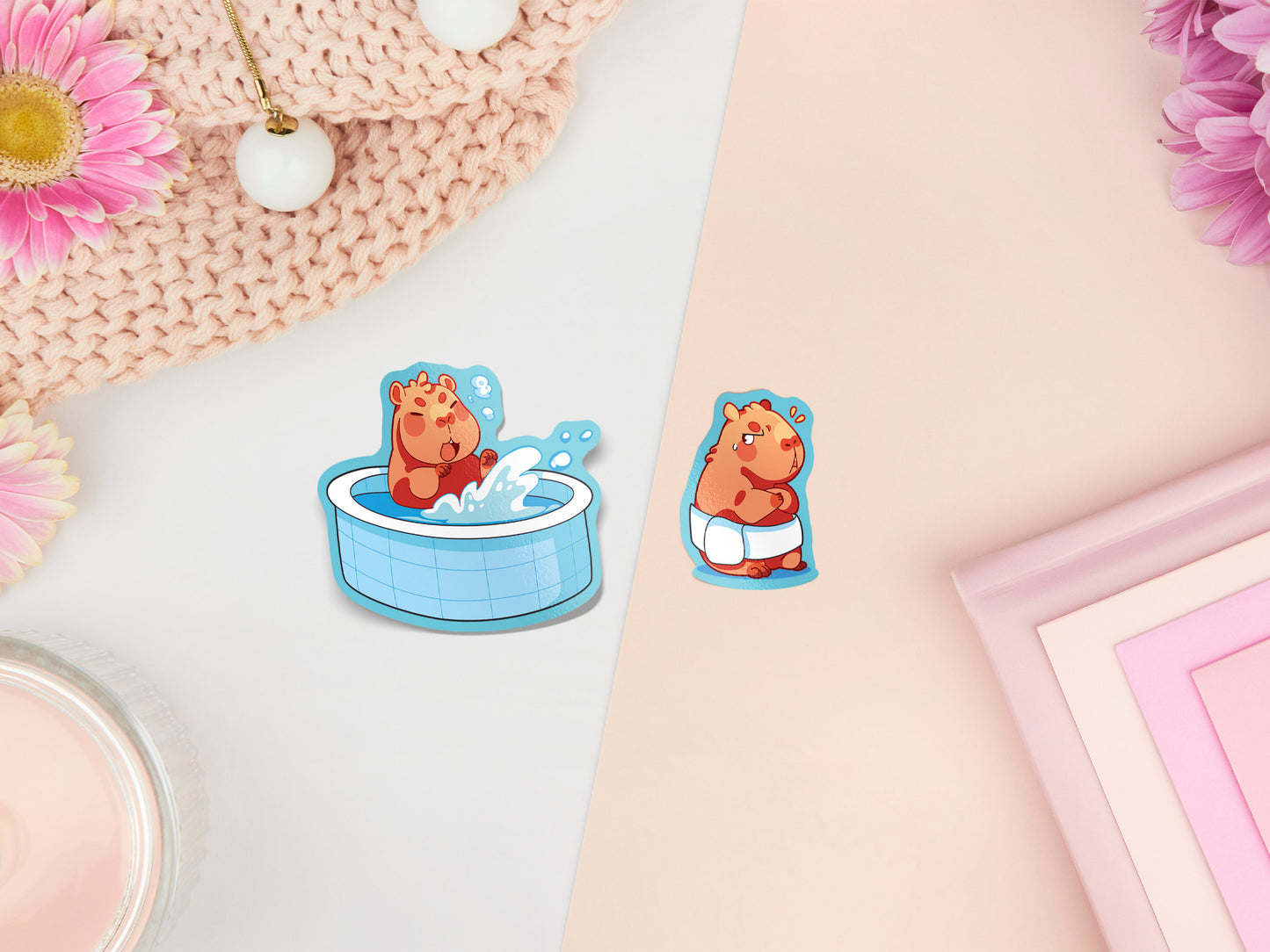Cute large waterproof gloss vinyl sticker sheet of multiple chibi capybara guinea pigs enjoying a spa day
