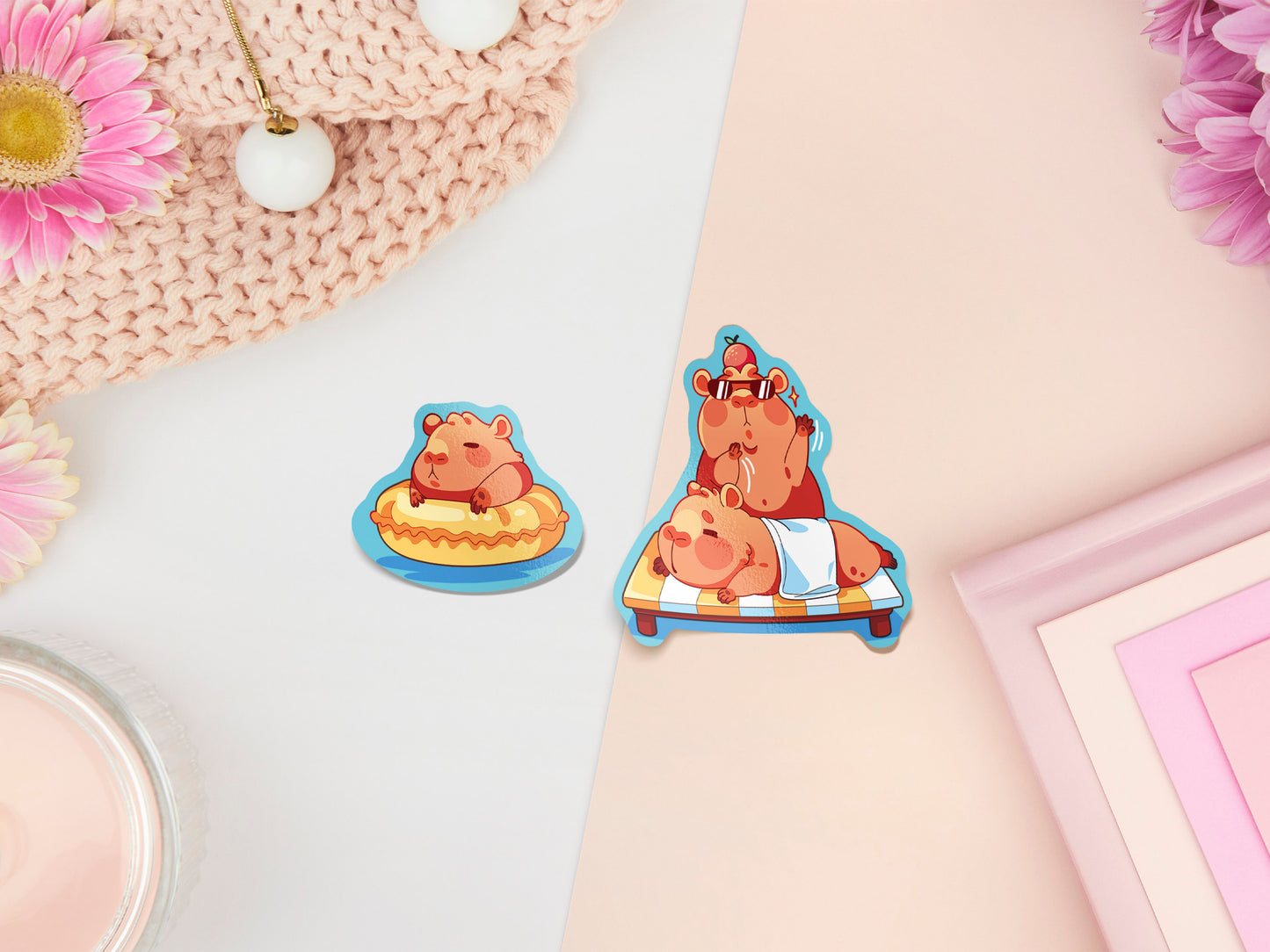 Cute large waterproof gloss vinyl sticker sheet of multiple chibi capybara guinea pigs enjoying a spa day