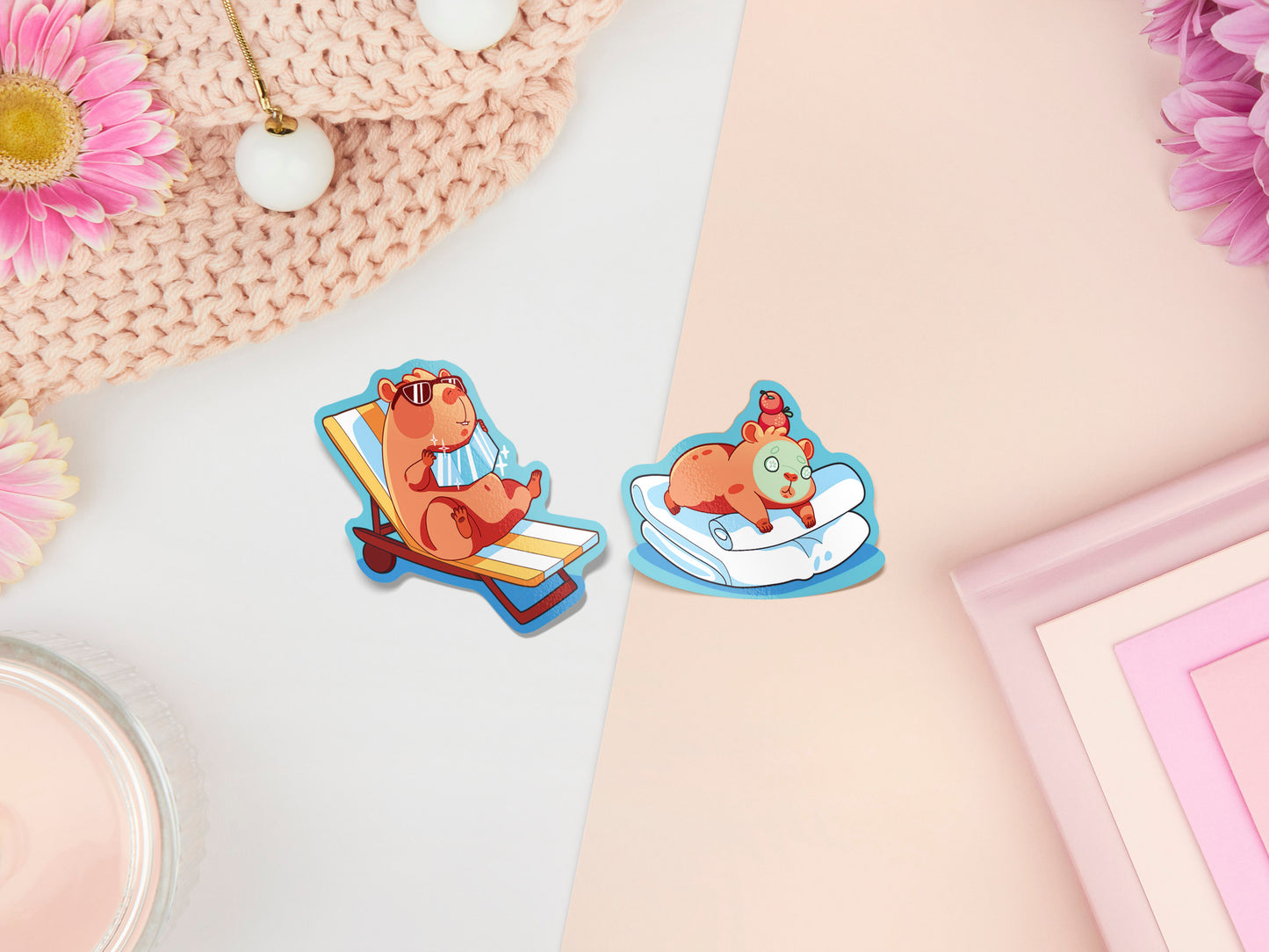 Cute large waterproof gloss vinyl sticker sheet of multiple chibi capybara guinea pigs enjoying a spa day