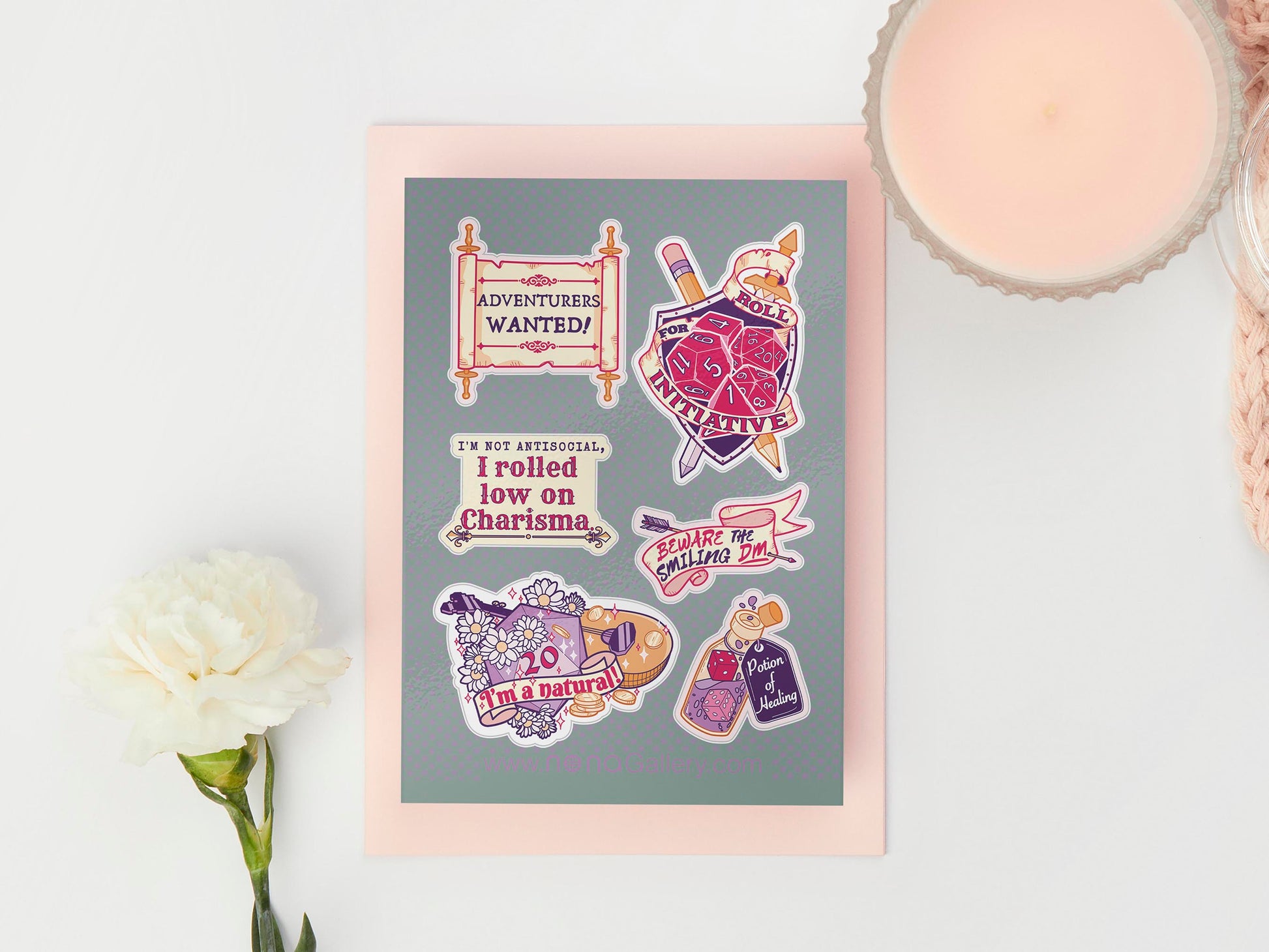 Large sticker sheet of digital illustration cartoons of various rpg ttrpg dnd tabletop games quotes and items, such as dice, scrolls, potion bottles, class items, pencils, crits and other various boardgame related images