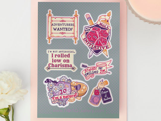 Large sticker sheet of digital illustration cartoons of various rpg ttrpg dnd tabletop games quotes and items, such as dice, scrolls, potion bottles, class items, pencils, crits and other various boardgame related images