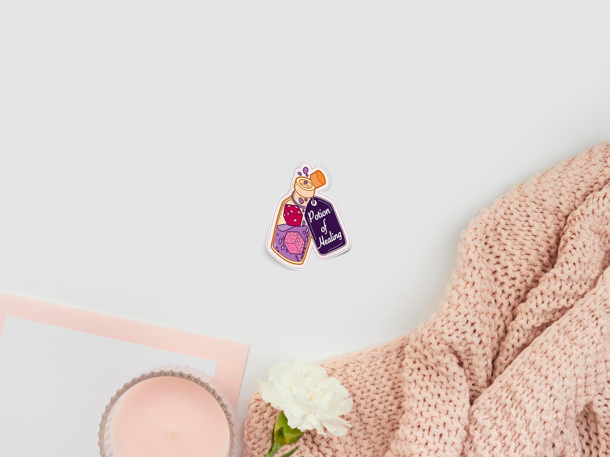 Large sticker of digital illustration cartoons of a potion bottle with purple liquid and two d6 dice floating inside, labelled Potion of healing