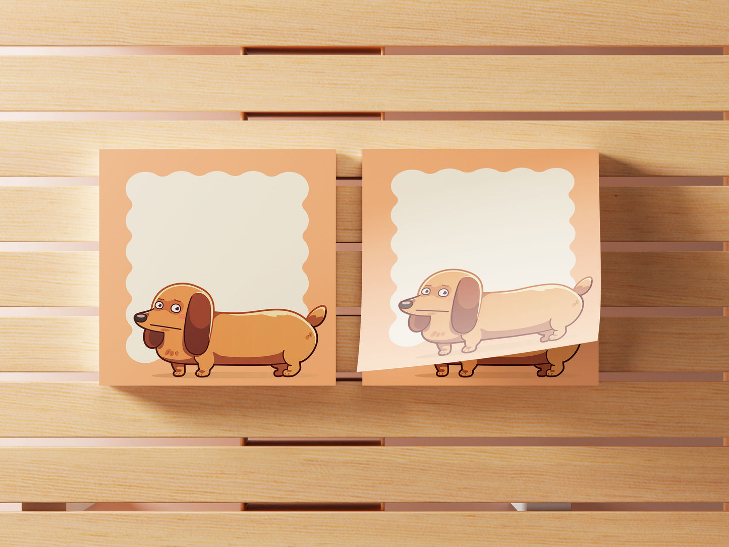 Orange sticky note notepad with a cute chibi dachshund sausage dog design