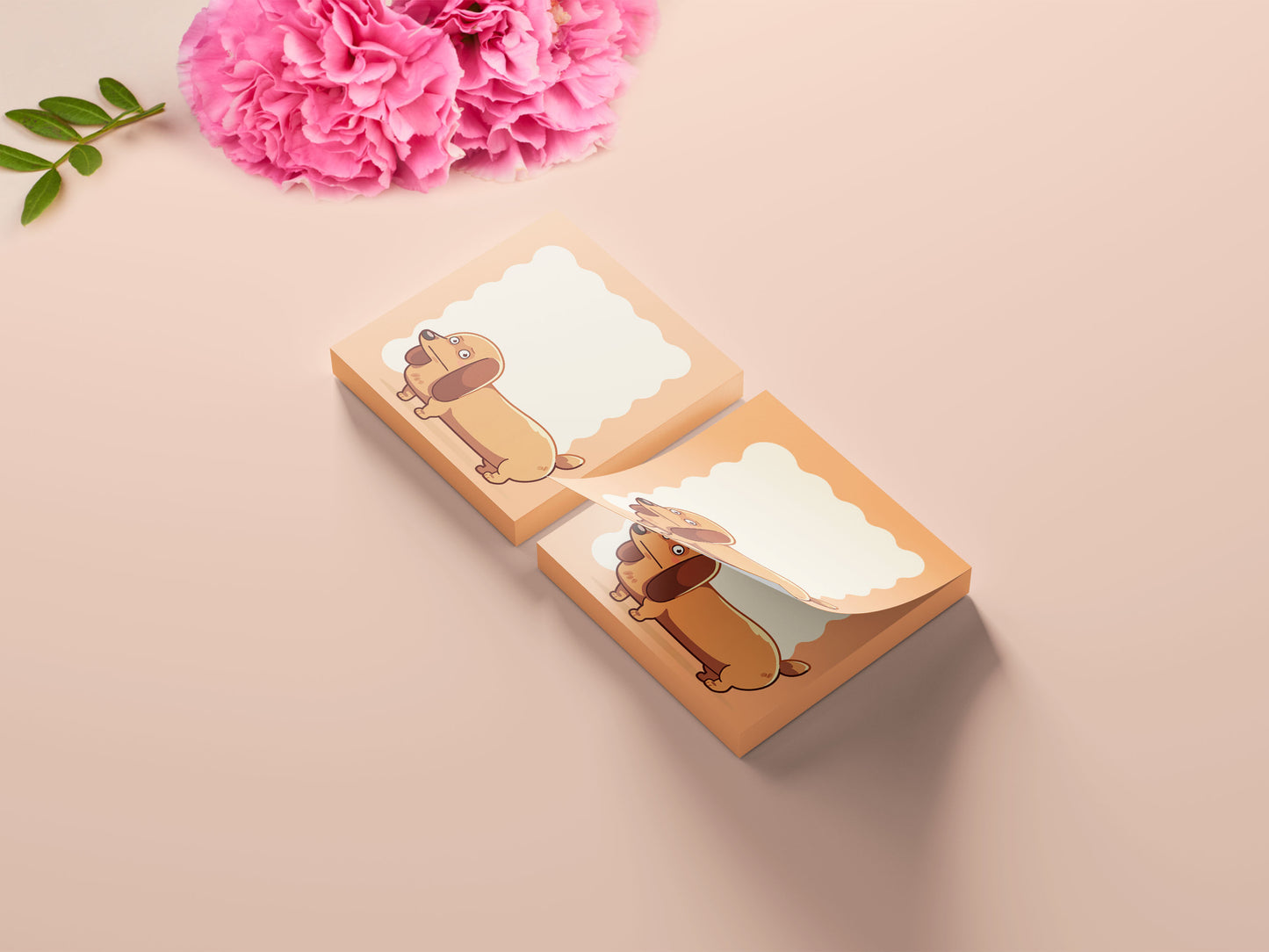 Orange sticky note notepad with a cute chibi dachshund sausage dog design