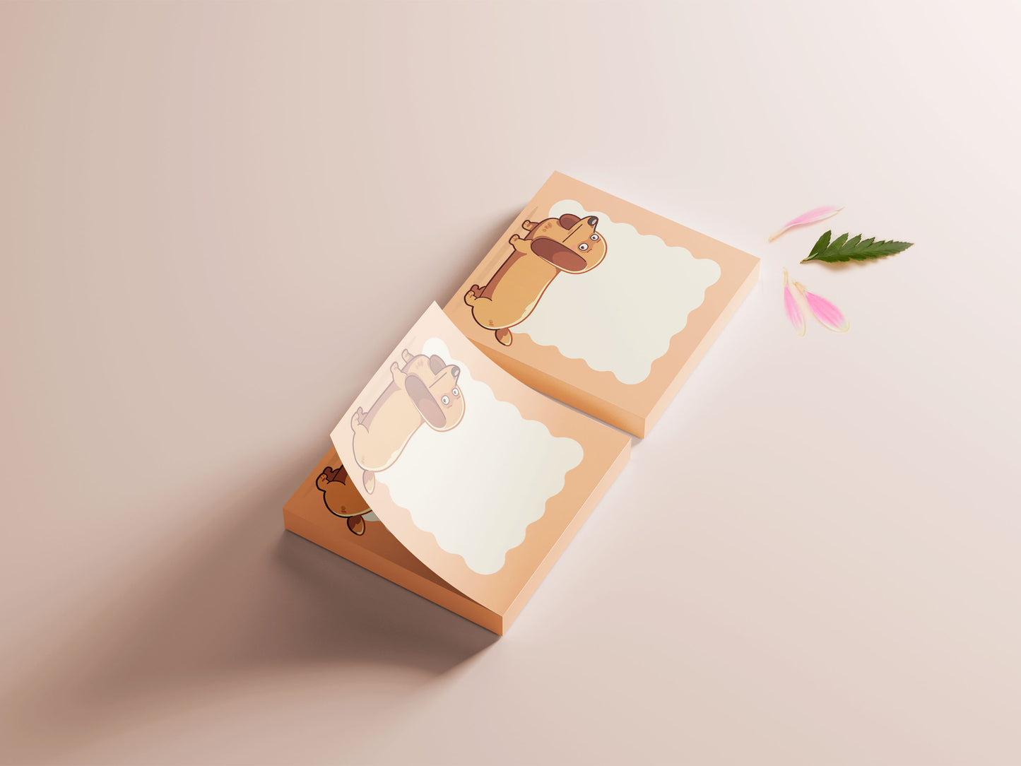 Orange sticky note notepad with a cute chibi dachshund sausage dog design