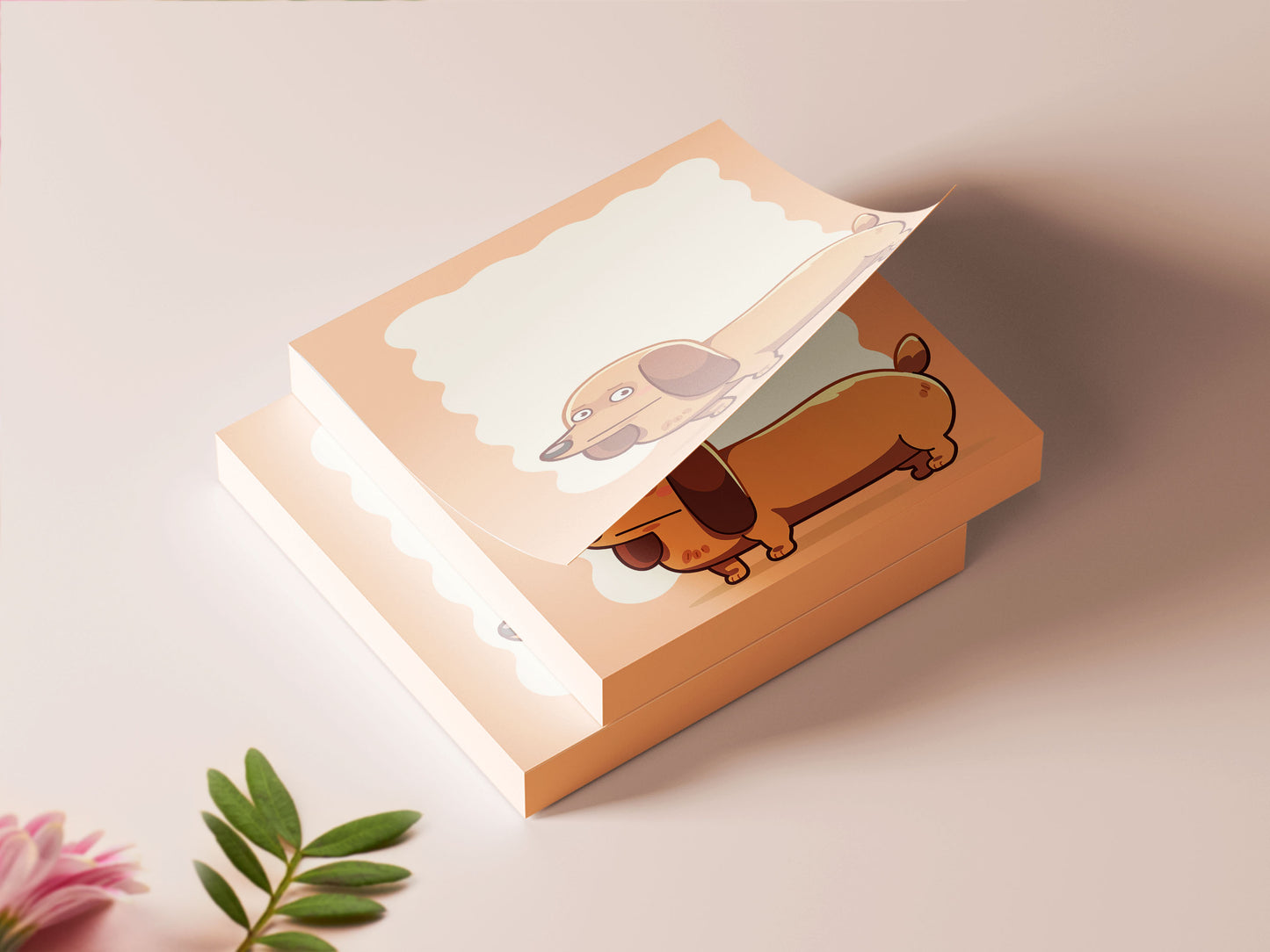 Orange sticky note notepad with a cute chibi dachshund sausage dog design