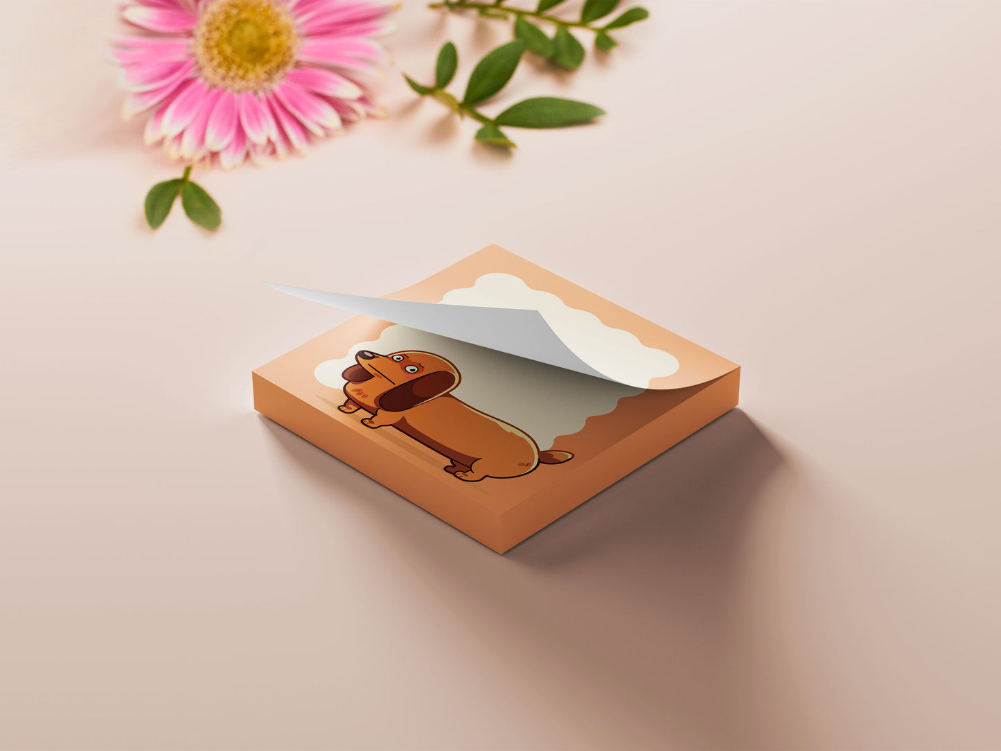 Orange sticky note notepad with a cute chibi dachshund sausage dog design