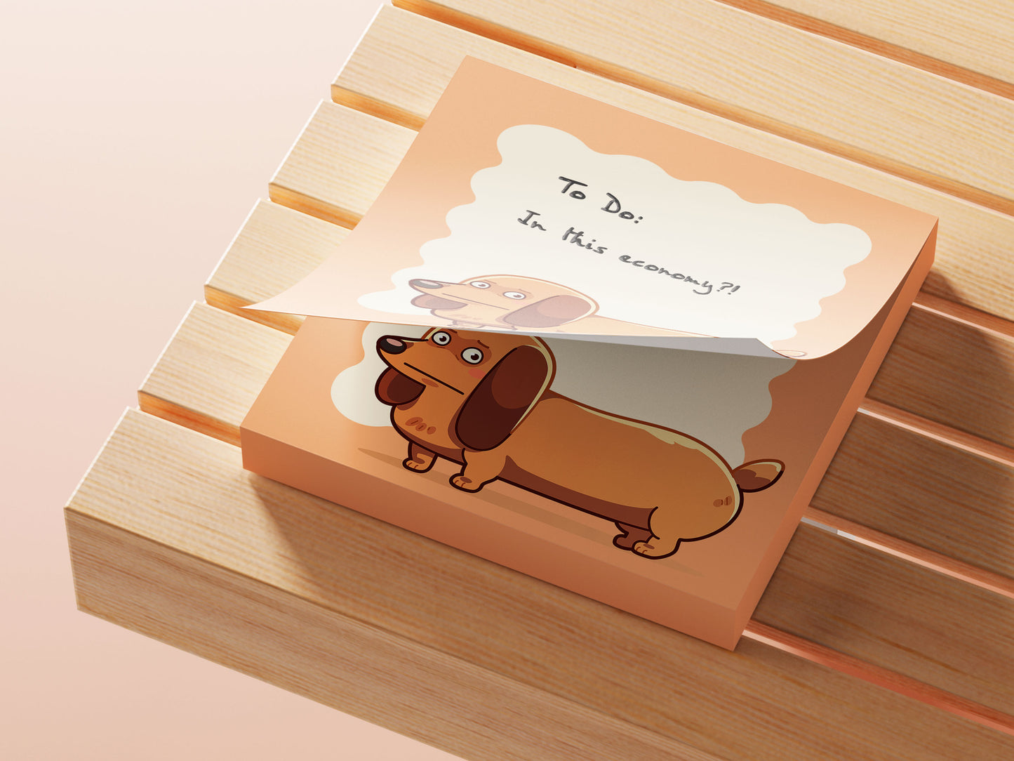 Orange sticky note notepad with a cute chibi dachshund sausage dog design