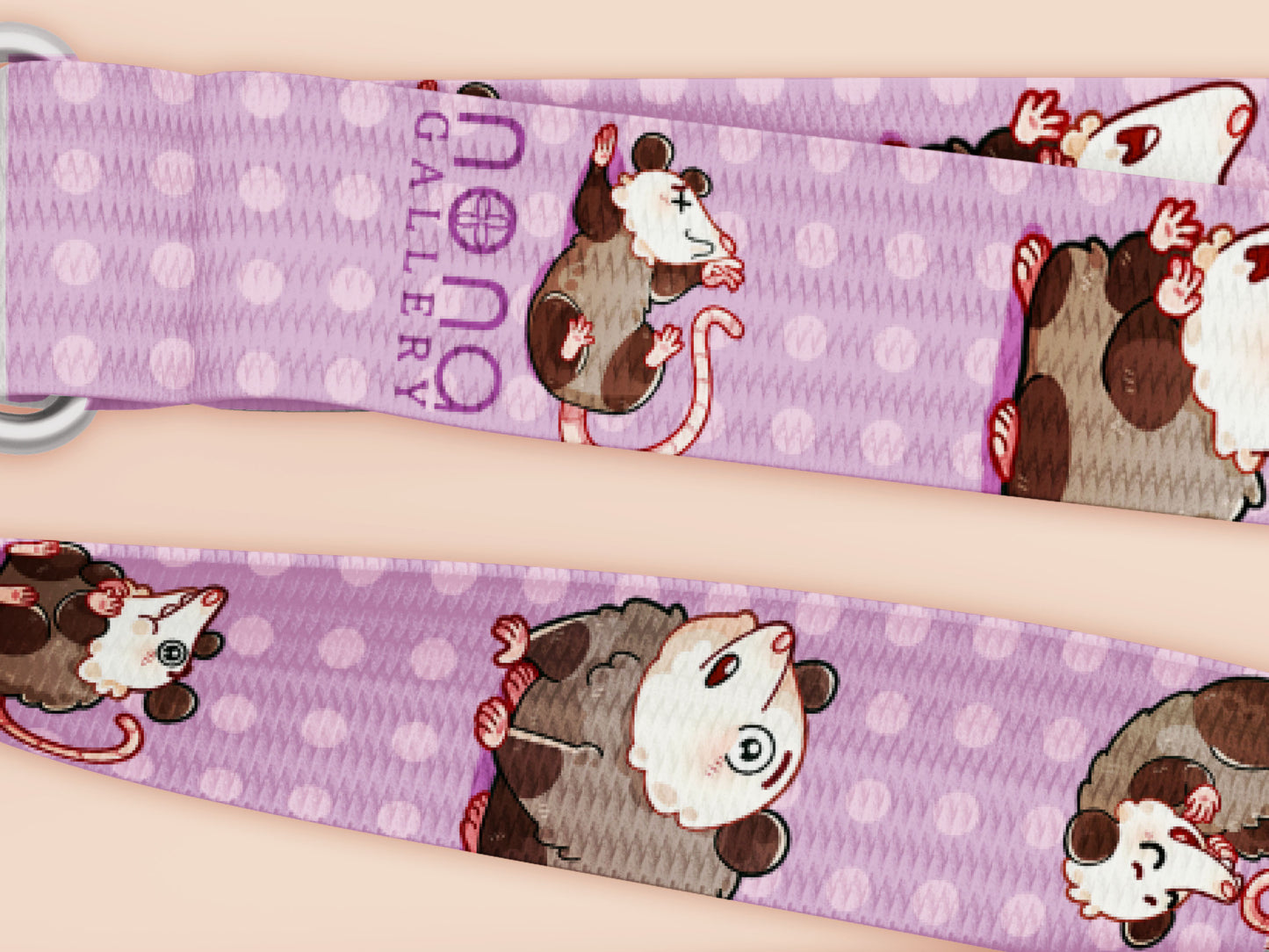 Cute full legth purple lanyard with a double sided funny screaming possums  pattern and silver swivel hook clasp.