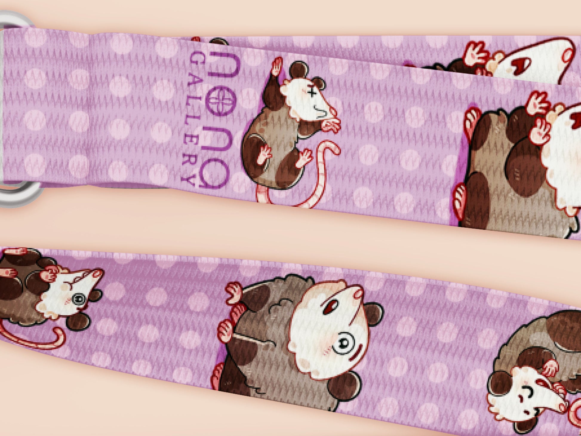 Cute full legth purple lanyard with a double sided funny screaming possums  pattern and silver swivel hook clasp.