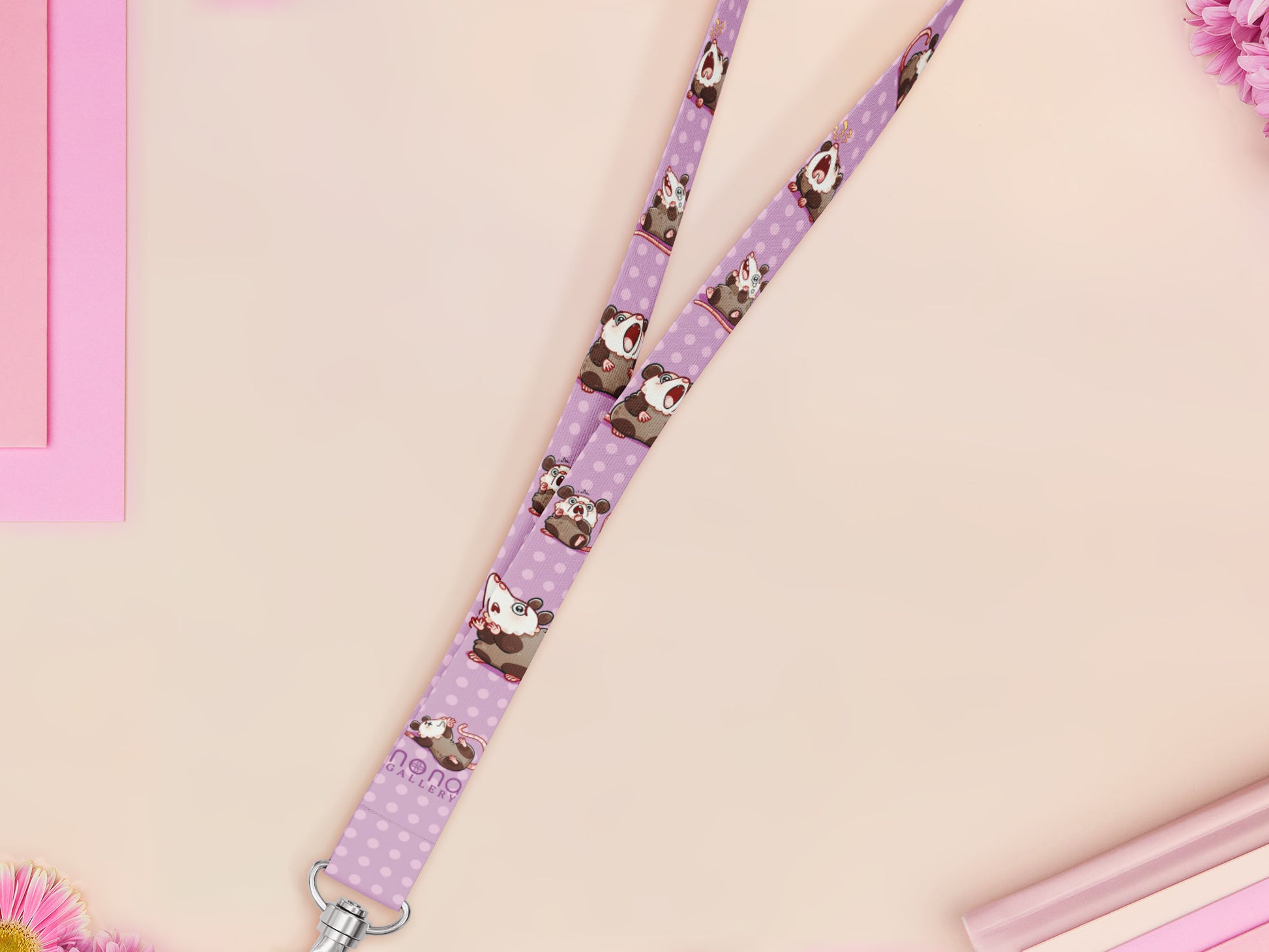 Cute full legth purple lanyard with a double sided funny screaming possums  pattern and silver swivel hook clasp.