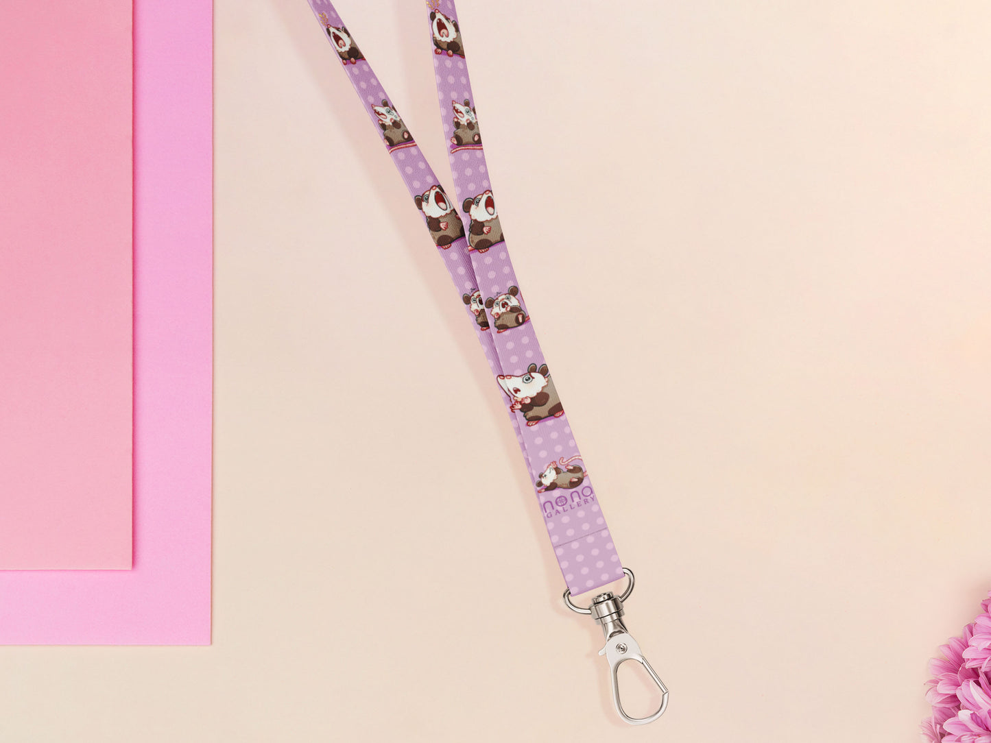 Cute full legth purple lanyard with a double sided funny screaming possums  pattern and silver swivel hook clasp.