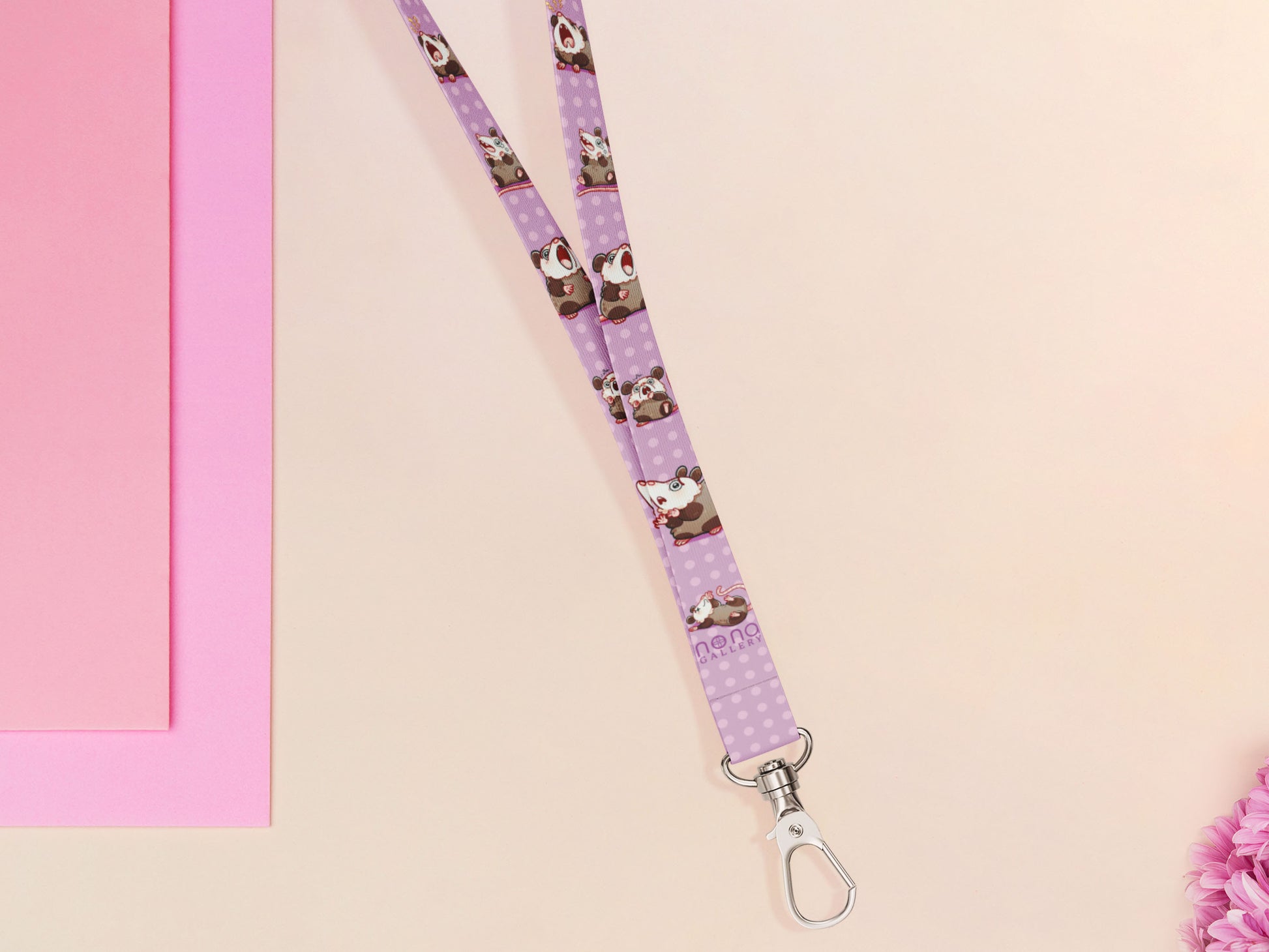 Cute full legth purple lanyard with a double sided funny screaming possums  pattern and silver swivel hook clasp.