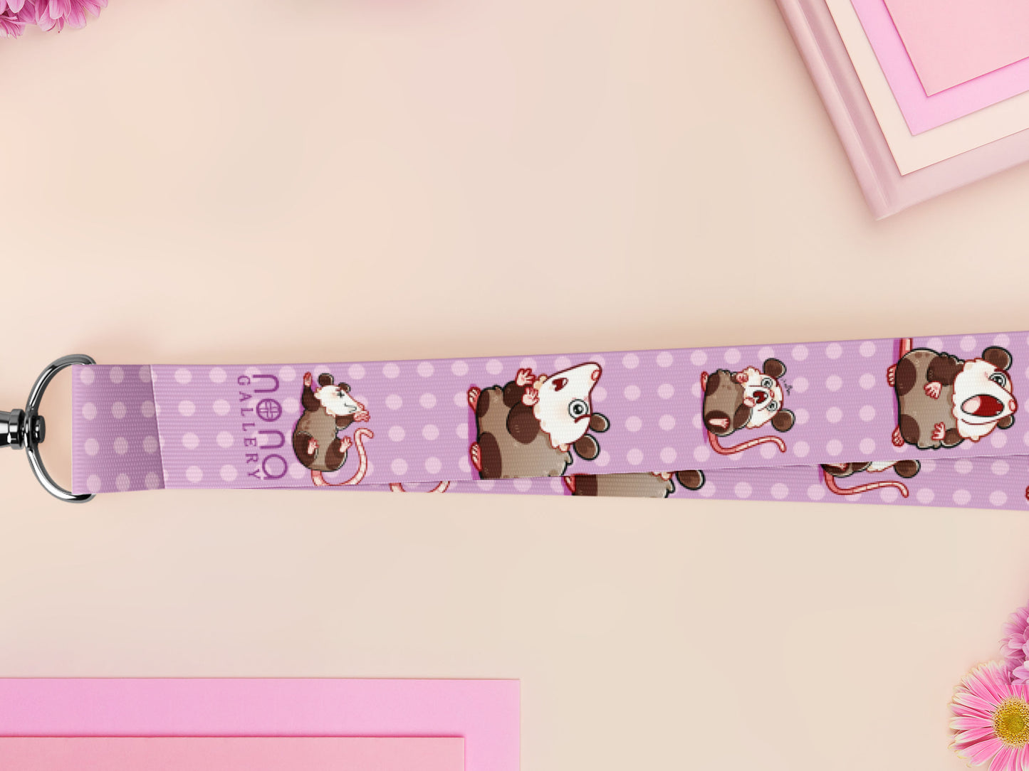 Cute full legth purple lanyard with a double sided funny screaming possums  pattern and silver swivel hook clasp.