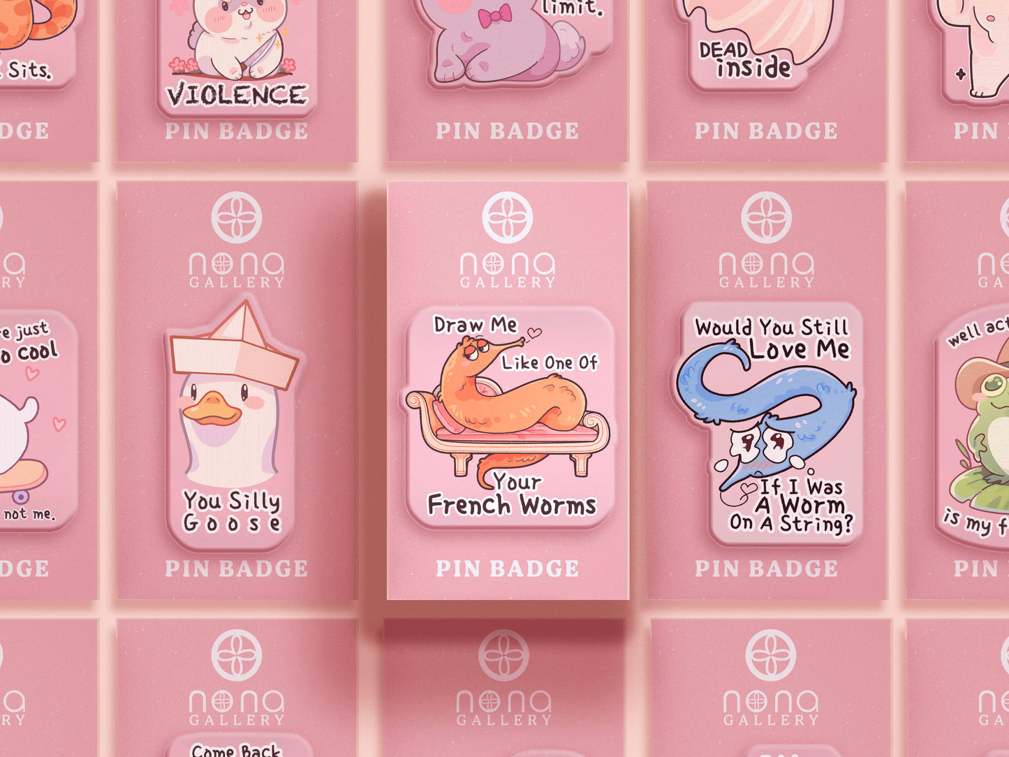 A cute transparent acrylic pin badge with a pink heart-shaped rubber clasp pin back. The design of the pin badge is a cartoon orange worm on a sting sitting on a sofa chaise lounge with the titanic quote Draw Me Like One of Your French Worms