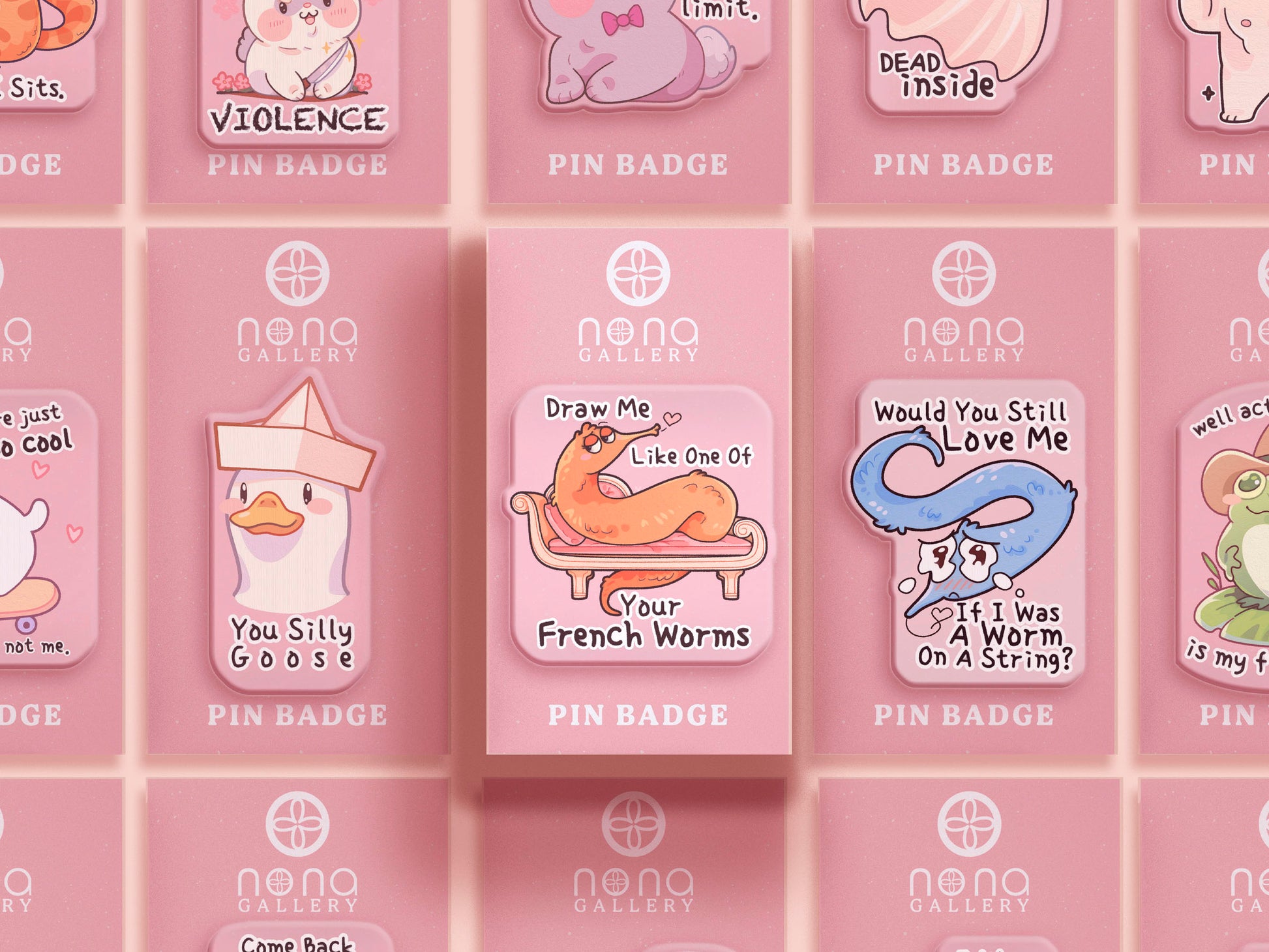 A cute transparent acrylic pin badge with a pink heart-shaped rubber clasp pin back. The design of the pin badge is a cartoon orange worm on a sting sitting on a sofa chaise lounge with the titanic quote Draw Me Like One of Your French Worms