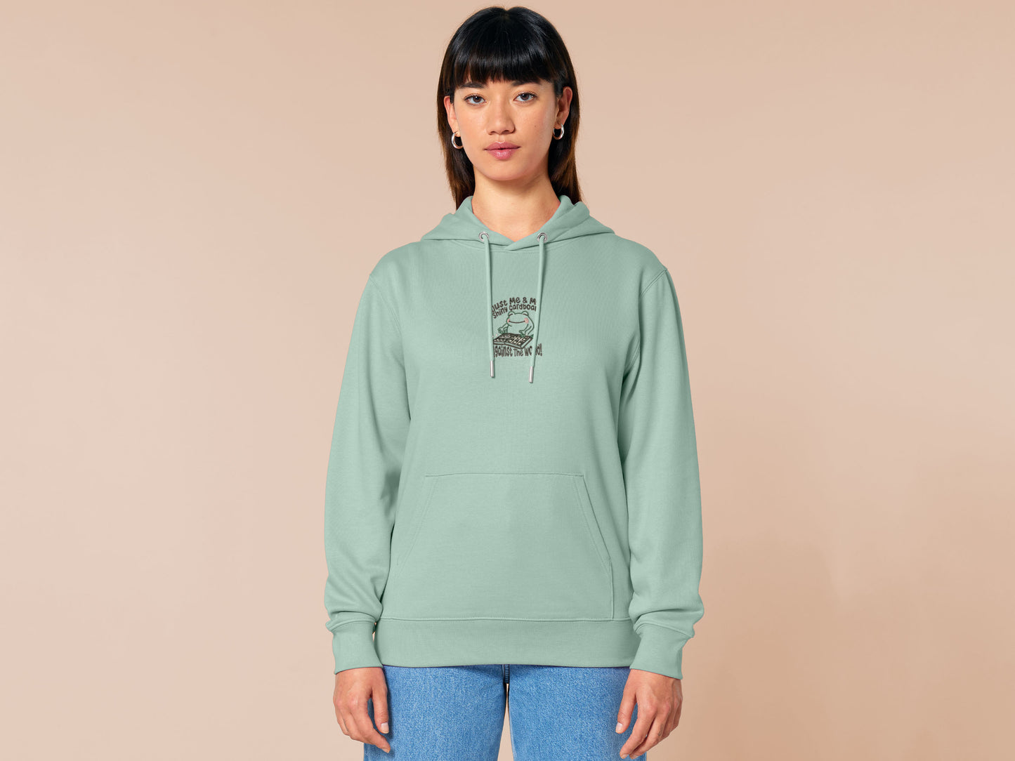 An embroidered green hoodie design of a cute frog happily looking at his binder of tcg trading cards surrounded by the quote Just Me And My Shiny Cardboard Against The World