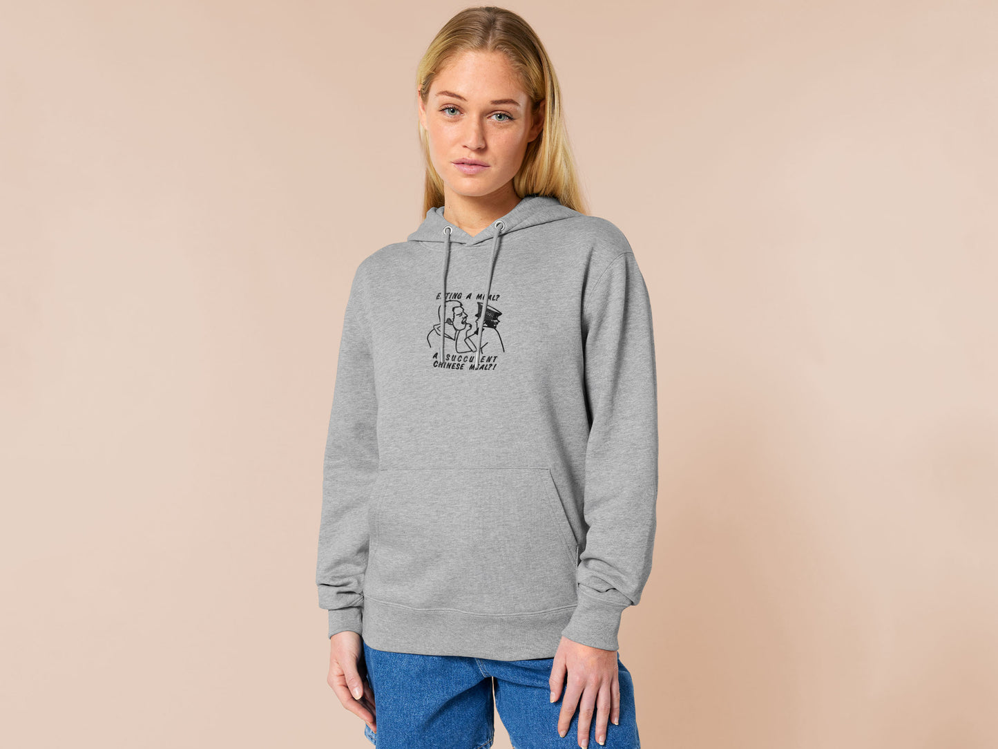 An embroidered light grey hoodie design of the Australian Jack Karlson being arrested while he shouts Eating A Meal? A Succulent Chinese Meal?!