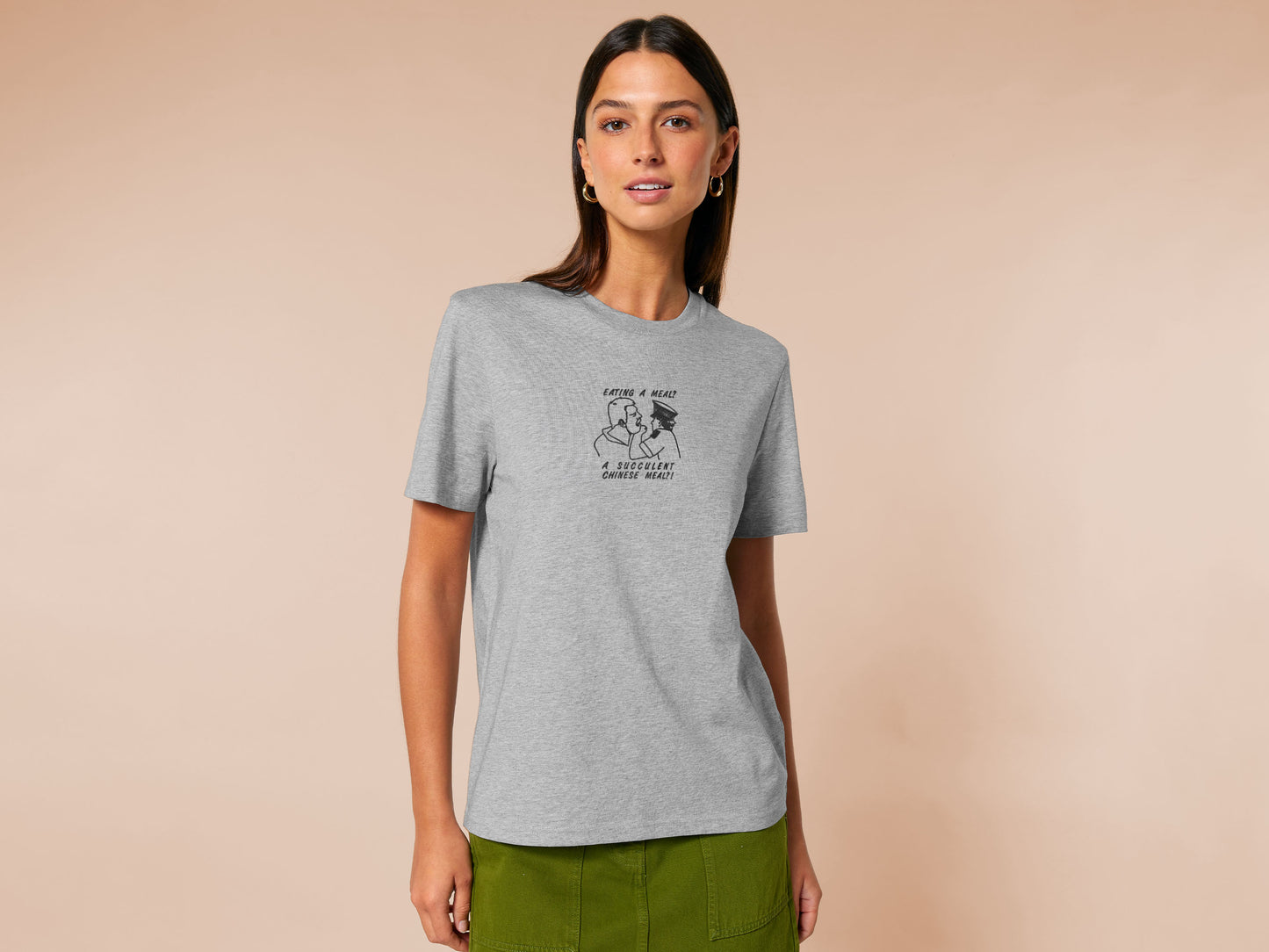 An embroidered light grey t-shirt design of the Australian Jack Karlson being arrested while he shouts Eating A Meal? A Succulent Chinese Meal?!