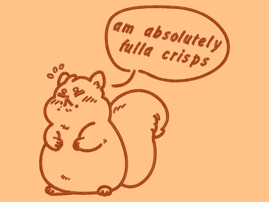 Yellow design of a an embroidered design of a cute fat squirrel and a speech bubble with the text am absolutely fulla crisps