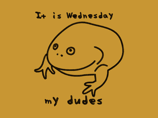 A yellow crew neck short sleeve t-shirt, with an embroidered black thread design of the Reddit meme rain frog with the text It is Wednesday my dudes