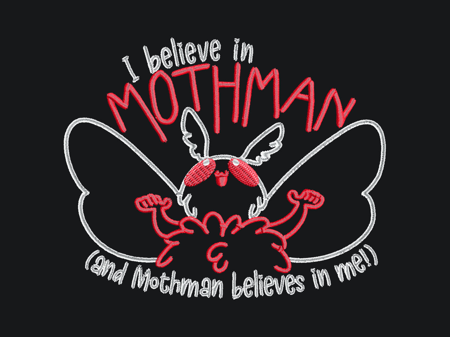 Embroidered black t-shirt with a cute chibi cryptid design of Mothman with the text I believe in Mothman (and Mothman believes in me!)