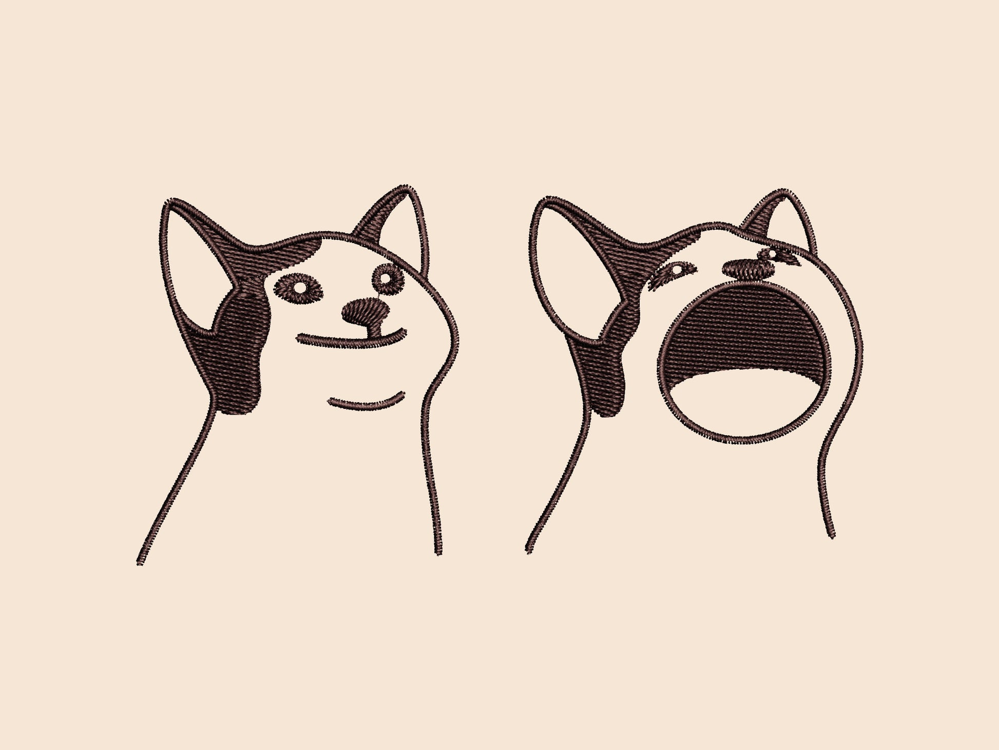 A cream crew neck short sleeve t-shirt, with an embroidered brown thread design of a cute popcat the cat meme reaction twitch emote