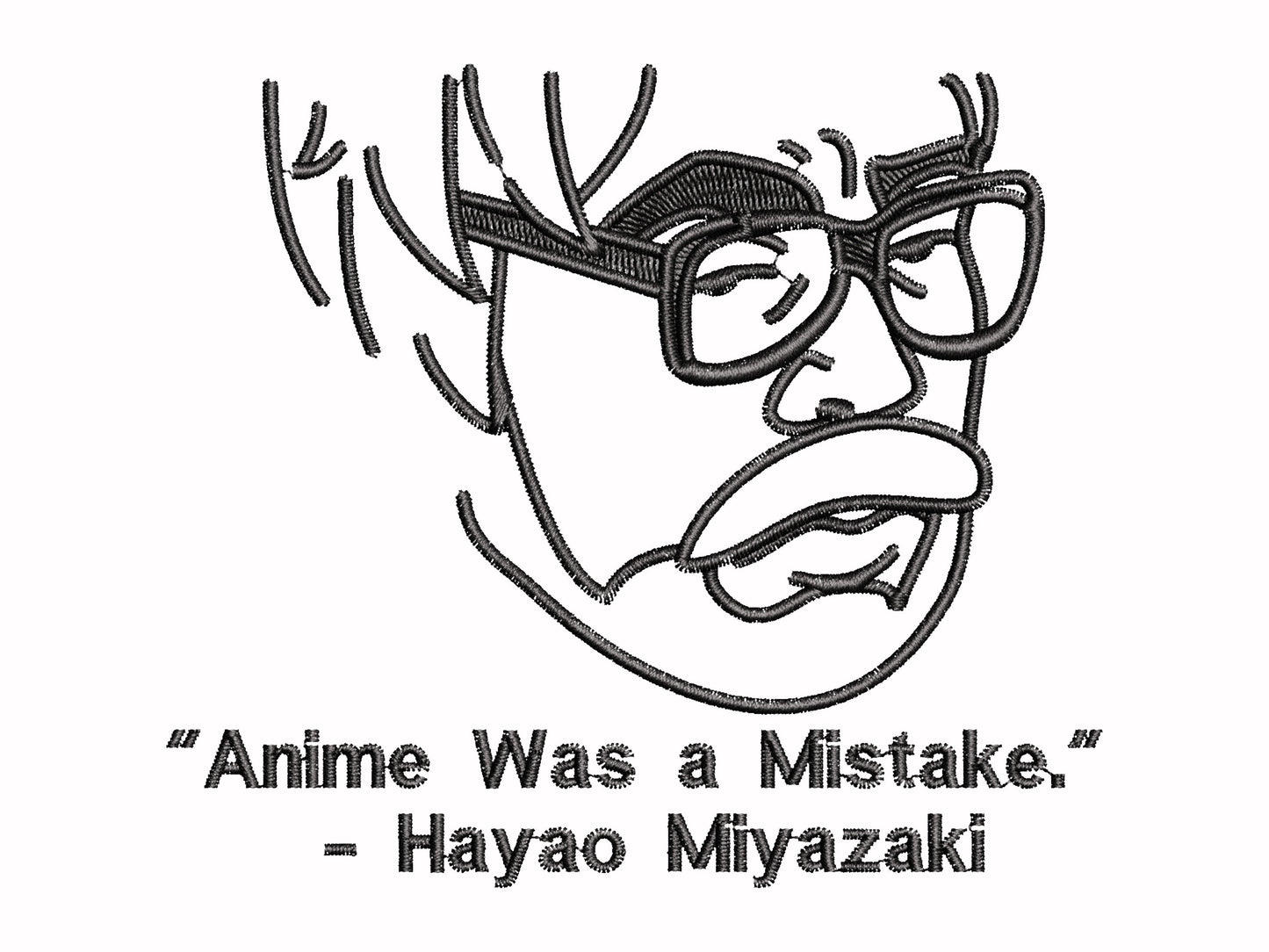 A off white crew neck short sleeve t-shirt, with an embroidered black thread design of a portrait of a depressed Hayao Miyazaki the creator of Studio Ghibli with text underneath that reads "Anime Was A Mistake." - Hayao Miyazaki