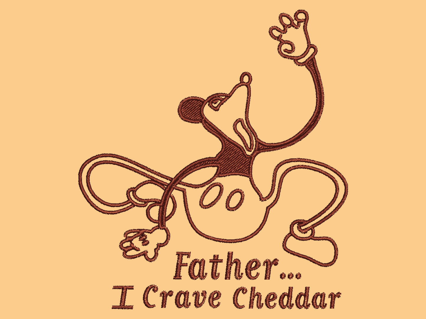 A yellow crew neck short sleeve t-shirt, with an embroidered black thread design of a mickey mouse like creature grasping the air with the text Father... I crave cheddar