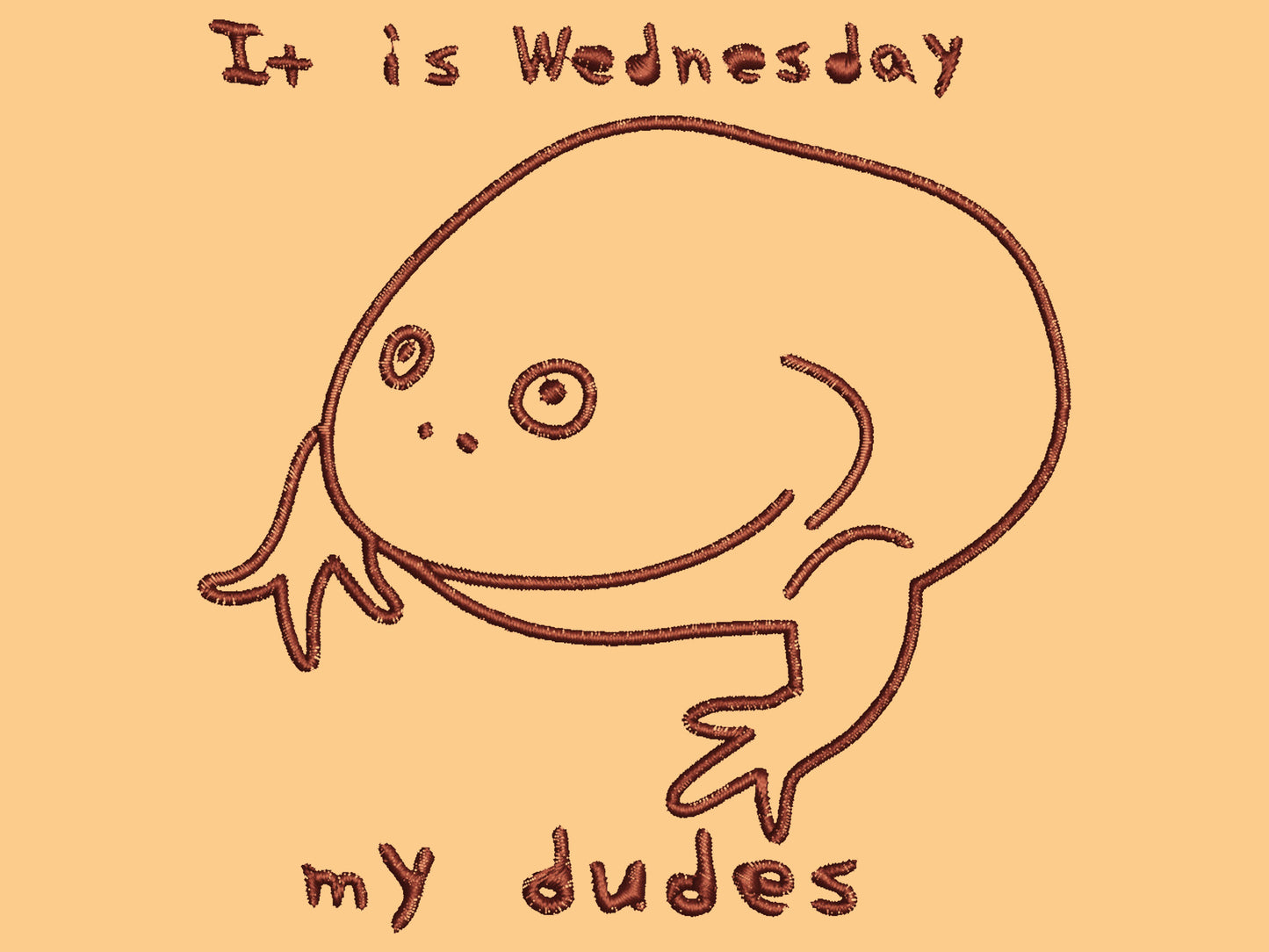 A yellow crew neck short sleeve t-shirt, with an embroidered black thread design of the Reddit meme rain frog with the text It is Wednesday my dudes