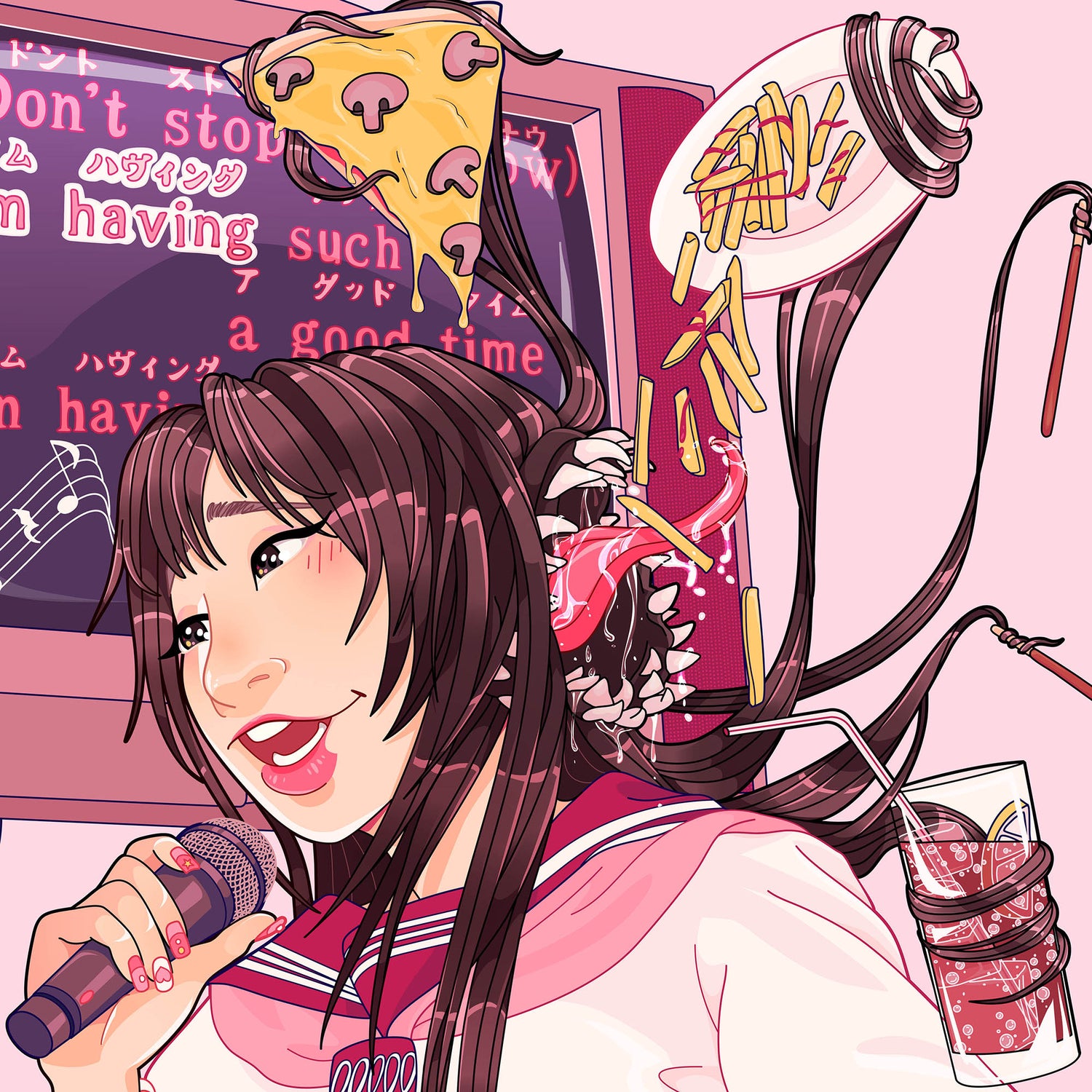 Digital Illustration of a Futakuchi Onna singing karaoke 