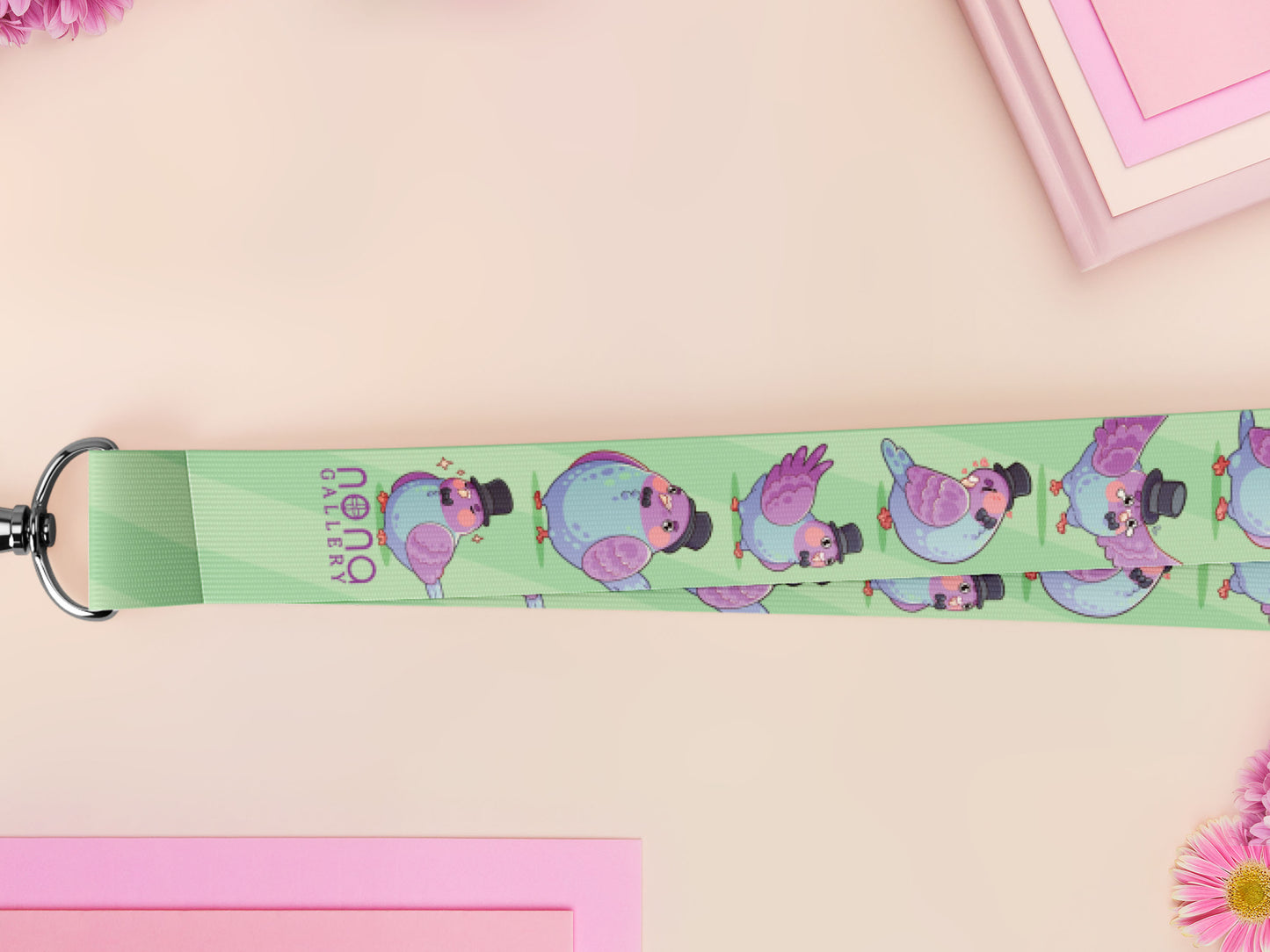 Cute full legth lanyard with a double sided fancy bird pigeon pattern and silver swivel hook clasp.