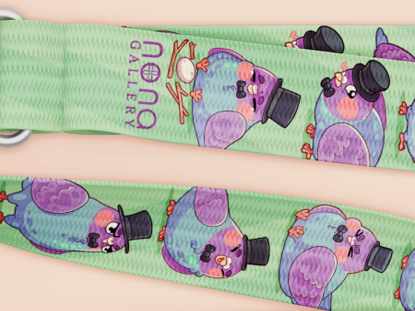 Cute full legth lanyard with a double sided fancy bird pigeon pattern and silver swivel hook clasp.