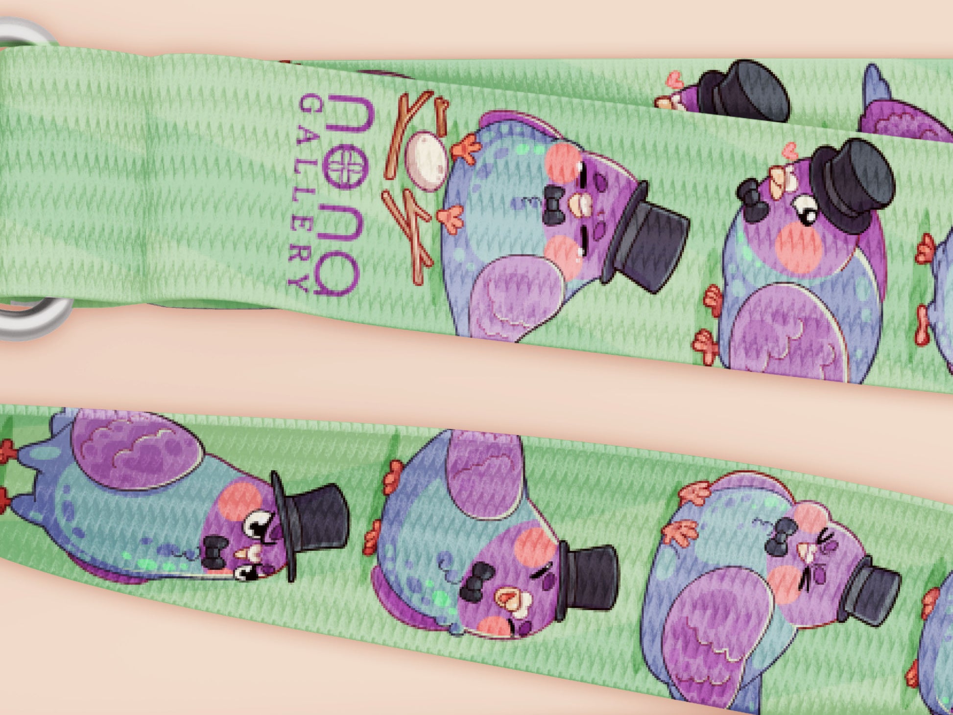 Cute full legth lanyard with a double sided fancy bird pigeon pattern and silver swivel hook clasp.